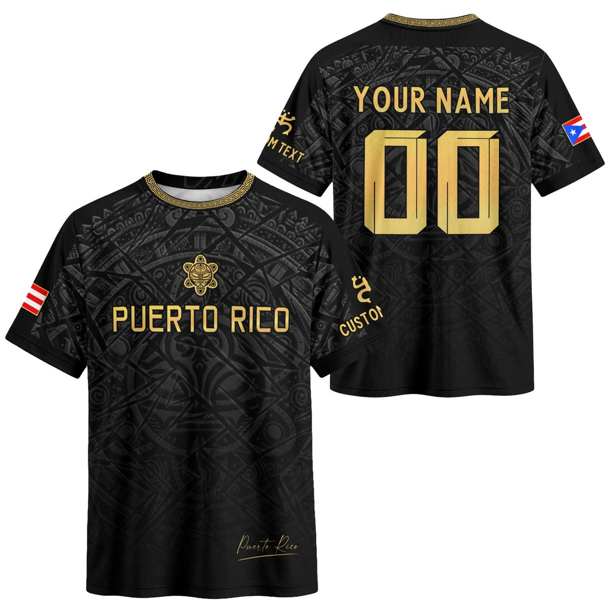 Bold Black Gold Taino, Custom Puerto Rico Soccer Jersey for Men and Women with Symbols, Puerto Rico Shirt, Personalized Football Jersey, Northryn Co.