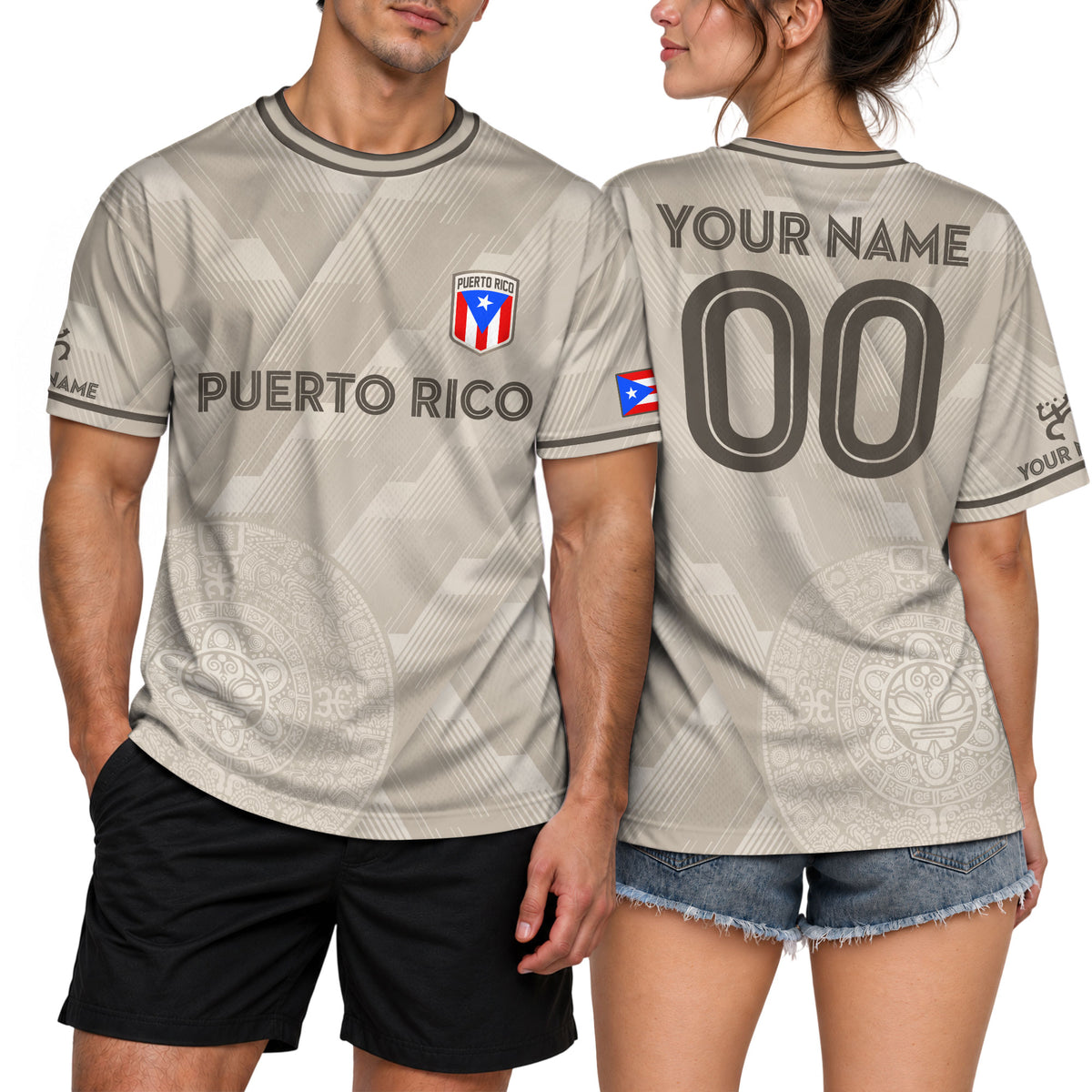 Custom Puerto Rico Soccer Jersey in Beige Boricua for Men and Women, Taino Sun Coqui Frog Culture, Top Puerto Rico Shirt and Puerto Rico Jersey, Northryn Co.