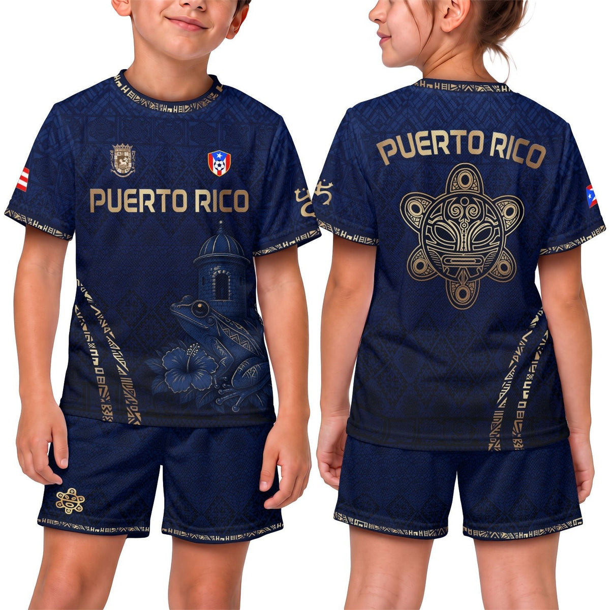 El Morro Coqui, Kids Puerto Rico Soccer Jersey with Navy Gold for Boy and Girl, Puerto Rico Kids Soccer Jersey Meets Youth Soccer Jersey, Northryn Co.