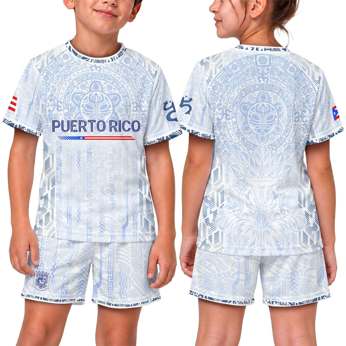 Kids Puerto Rico Soccer Jersey, White Blue Taino Sun Boricua for Boy and Girl, Youth Soccer Jersey Meets Puerto Rico Kids Soccer Jersey, Northryn Co.