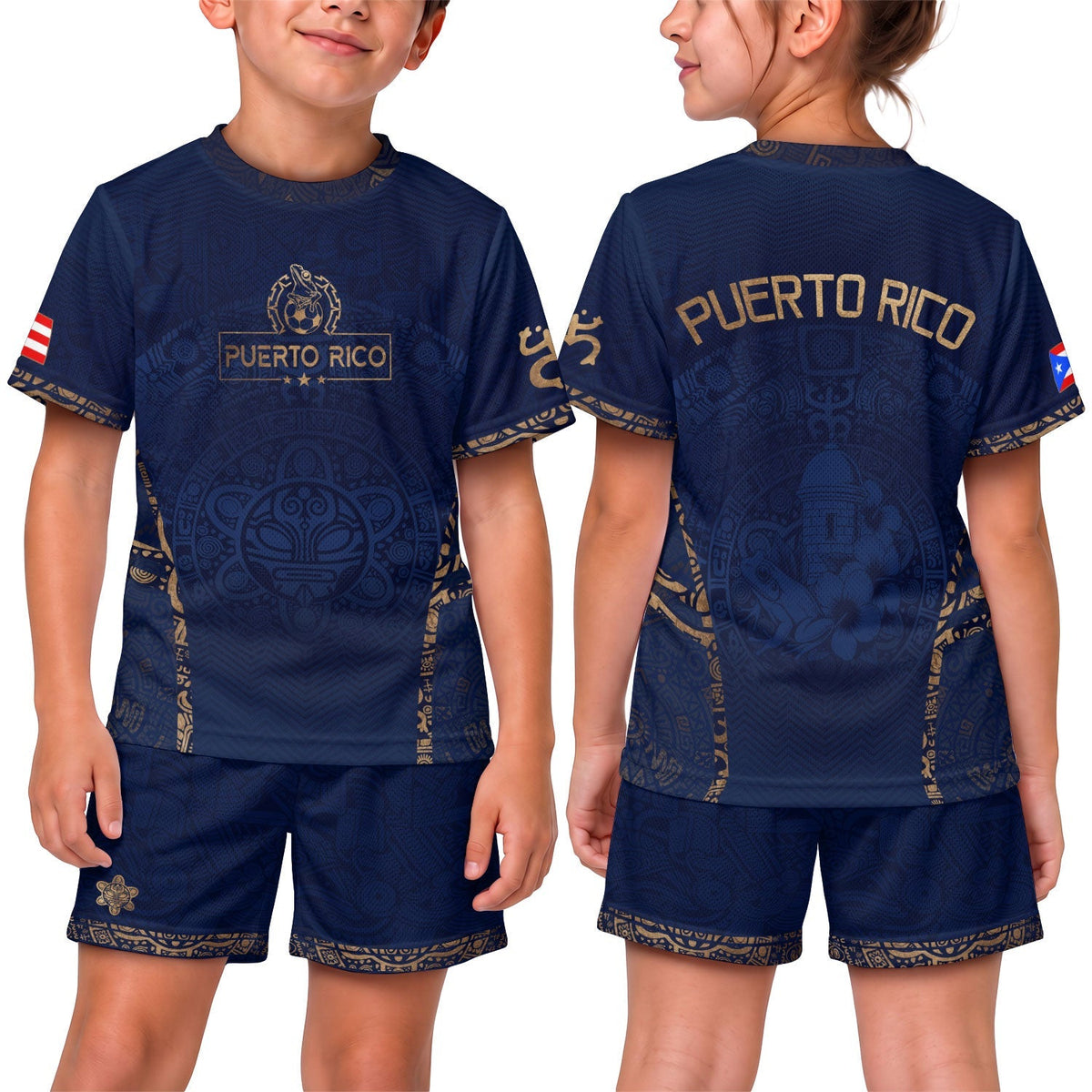 Shorts Set Navy, Kids Puerto Rico Soccer Jersey with Gold Boricua for Boy and Girl, Puerto Rico Kids Soccer Jersey, Youth Soccer Jersey, Northryn Co.