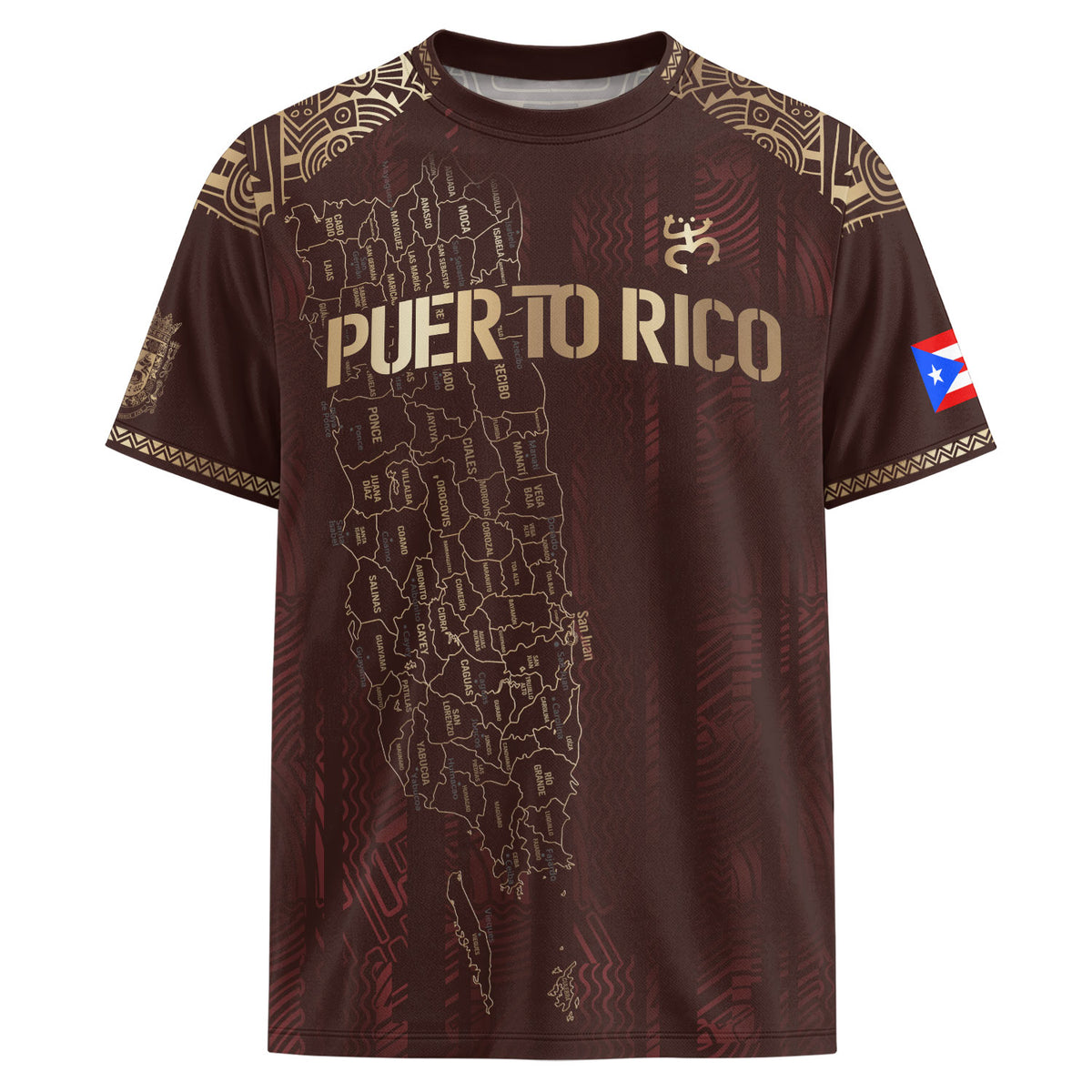 Puerto Rico Map Graphic Soccer Jersey Men Maroon Gold Boricua Taino Heritage Shirt