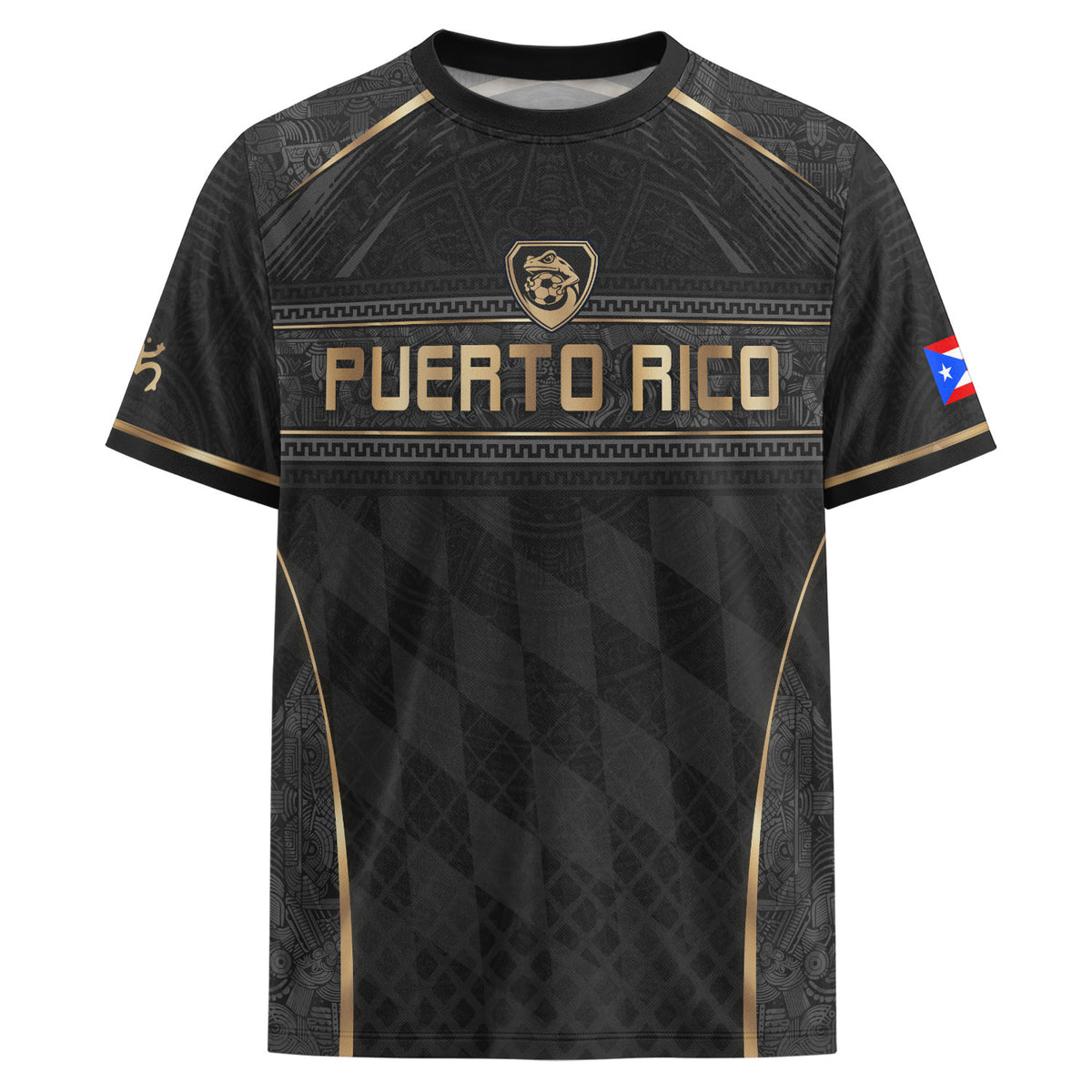 Puerto Rico Soccer Jersey Men Black Gold Taino Coqui Frog Culture Heritage Graphic