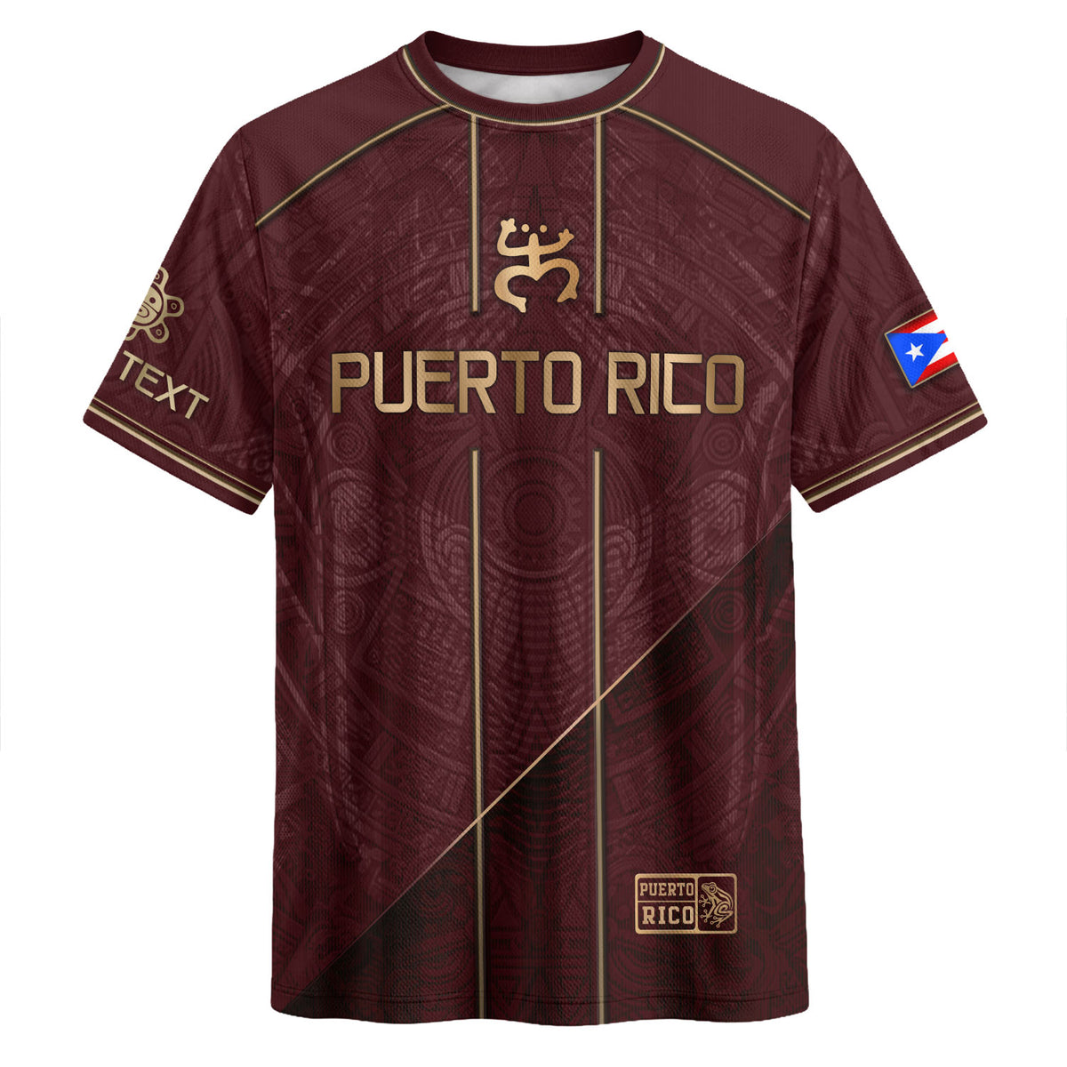 Custom Taino Sun Maroon Gold Puerto Rico Soccer Jersey for Men and Women, Frog Culture Heritage, Top Puerto Rico Shirt and Puerto Rico Jersey, Northryn Co.