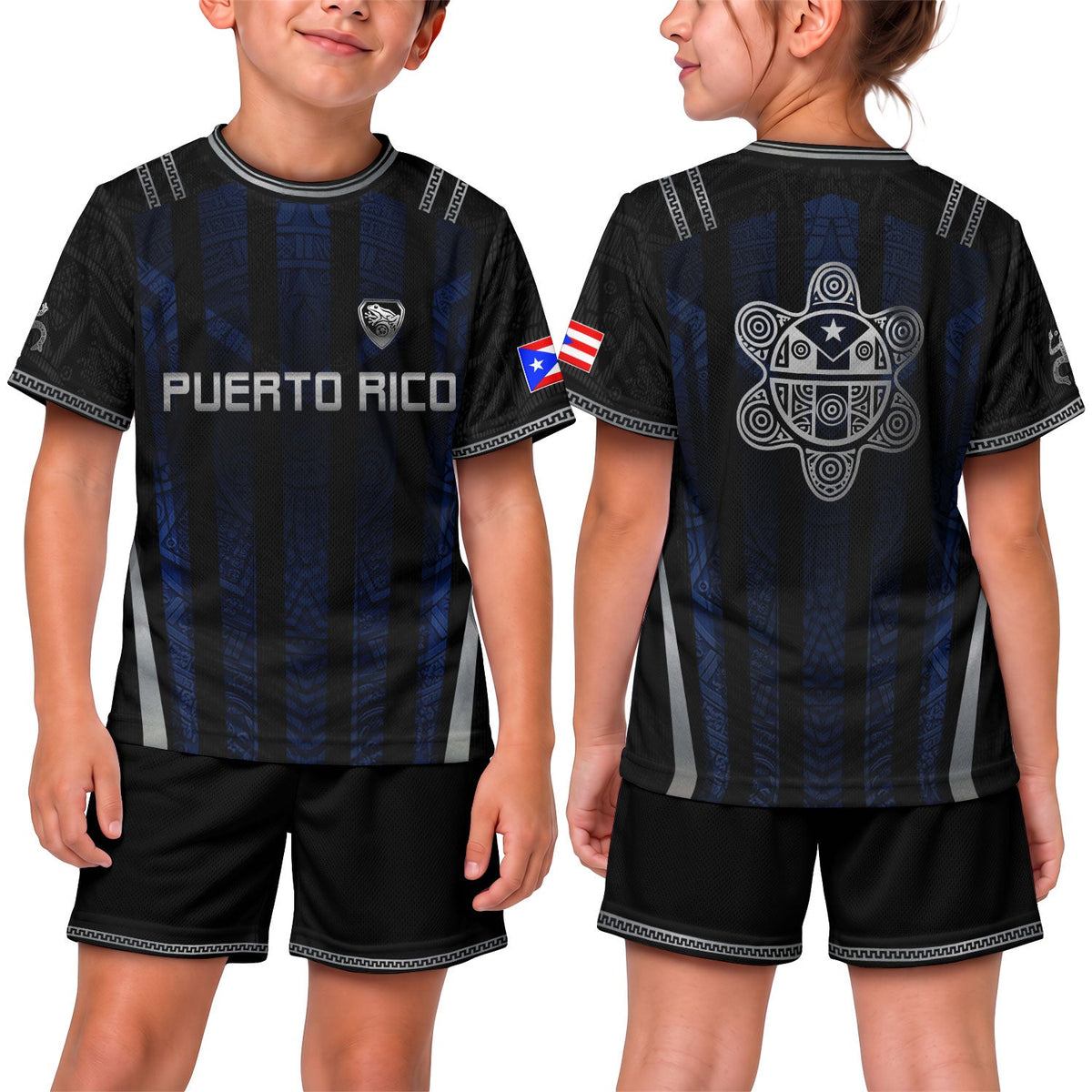 Navy Blue, Kids Puerto Rico Soccer Jersey with Striped Taino for Boy and Girl, Puerto Rico Kids Soccer Jersey Meets Youth Soccer Jersey, Northryn Co.