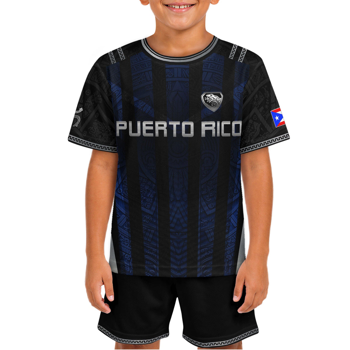 Navy Blue, Kids Puerto Rico Soccer Jersey with Striped Taino for Boy and Girl, Puerto Rico Kids Soccer Jersey Meets Youth Soccer Jersey, Northryn Co.