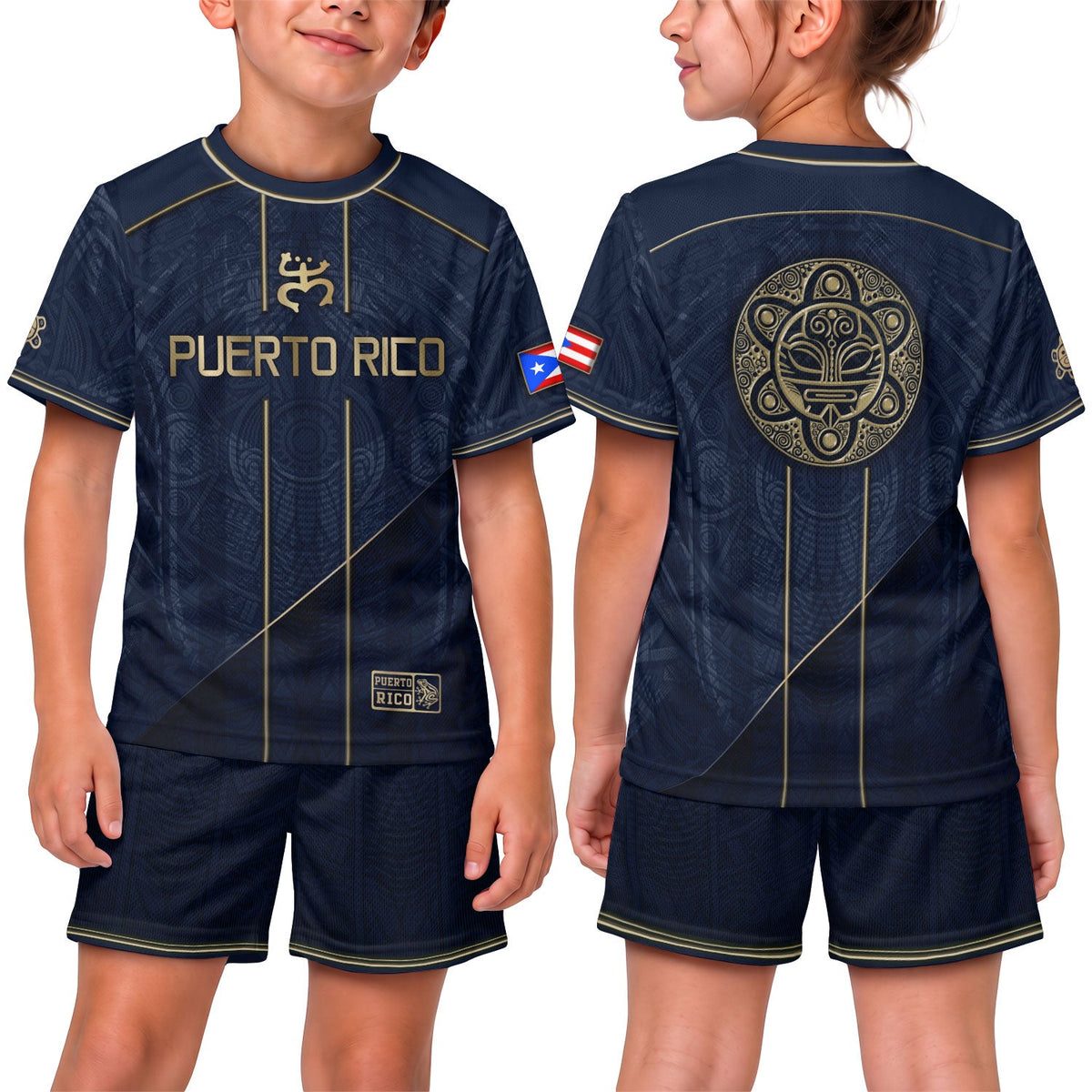 Kids Puerto Rico Soccer Jersey, Navy Gold Taino Coqui Sun Emblem for Boy and Girl, Youth Soccer Jersey, Puerto Rico Kids Soccer Jersey, Northryn Co.