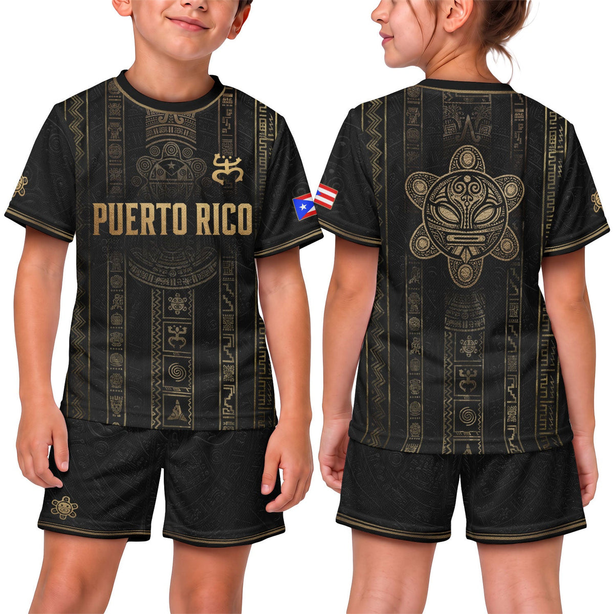 Black Gold, Kids Puerto Rico Soccer Jersey with Taino Symbols for Boy and Girl, Puerto Rico Kids Soccer Jersey Meets Youth Soccer Jersey, Northryn Co.