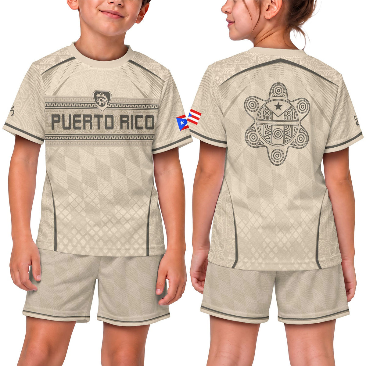 Beige Tan Taino, Kids Puerto Rico Soccer Jersey with Coqui Frog for Boy and Girl, Puerto Rico Kids Soccer Jersey and Youth Soccer Jersey, Northryn Co.