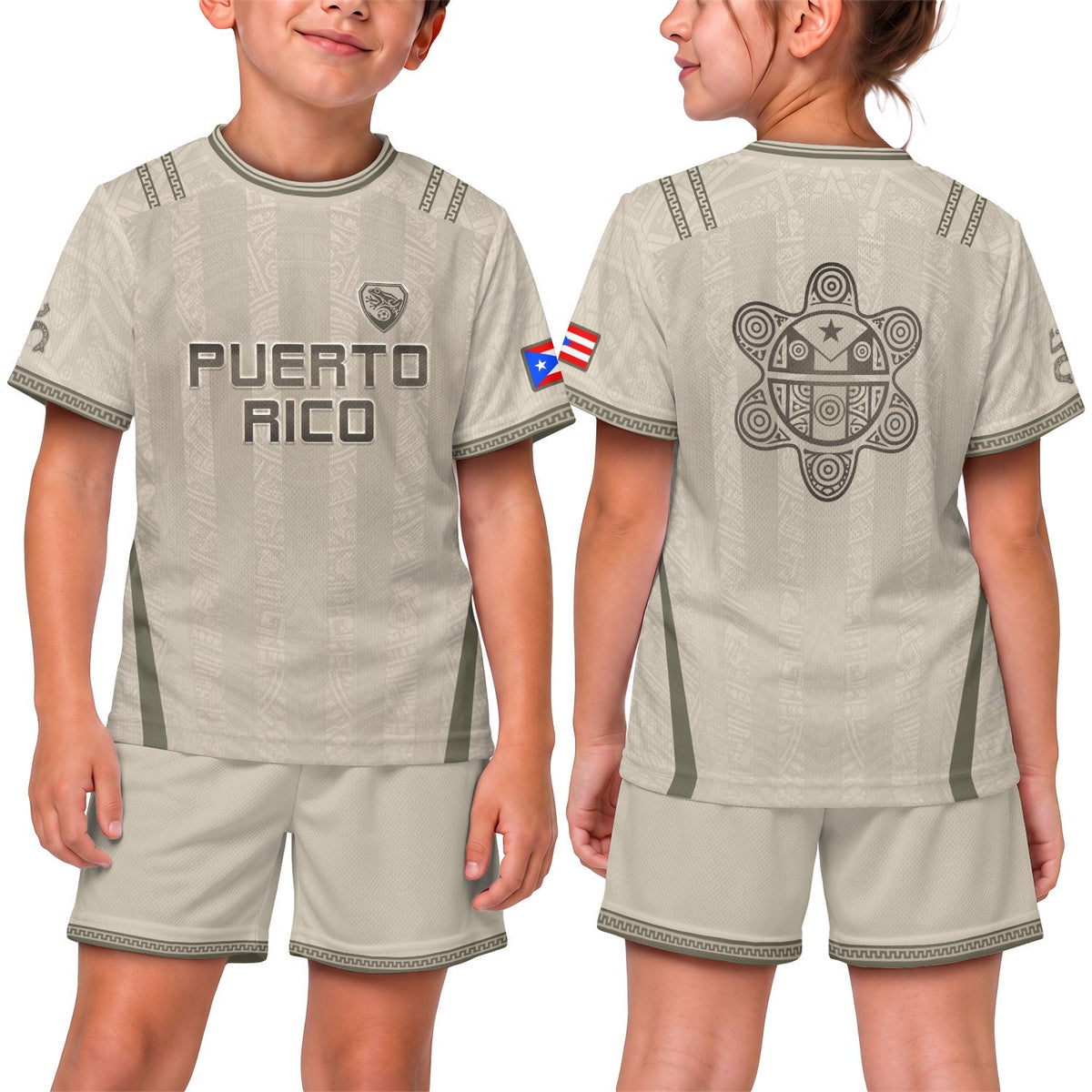 Kids Puerto Rico Soccer Jersey, Grey Cream Taino Striped Pattern for Boy and Girl, Youth Soccer Jersey, Puerto Rico Kids Soccer Jersey, Northryn Co.