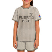 Kids Puerto Rico Soccer Jersey, Grey Cream Taino Striped Pattern for Boy and Girl, Youth Soccer Jersey, Puerto Rico Kids Soccer Jersey, Northryn Co.