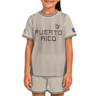 Kids Puerto Rico Soccer Jersey, Grey Cream Taino Striped Pattern for Boy and Girl, Youth Soccer Jersey, Puerto Rico Kids Soccer Jersey, Northryn Co.