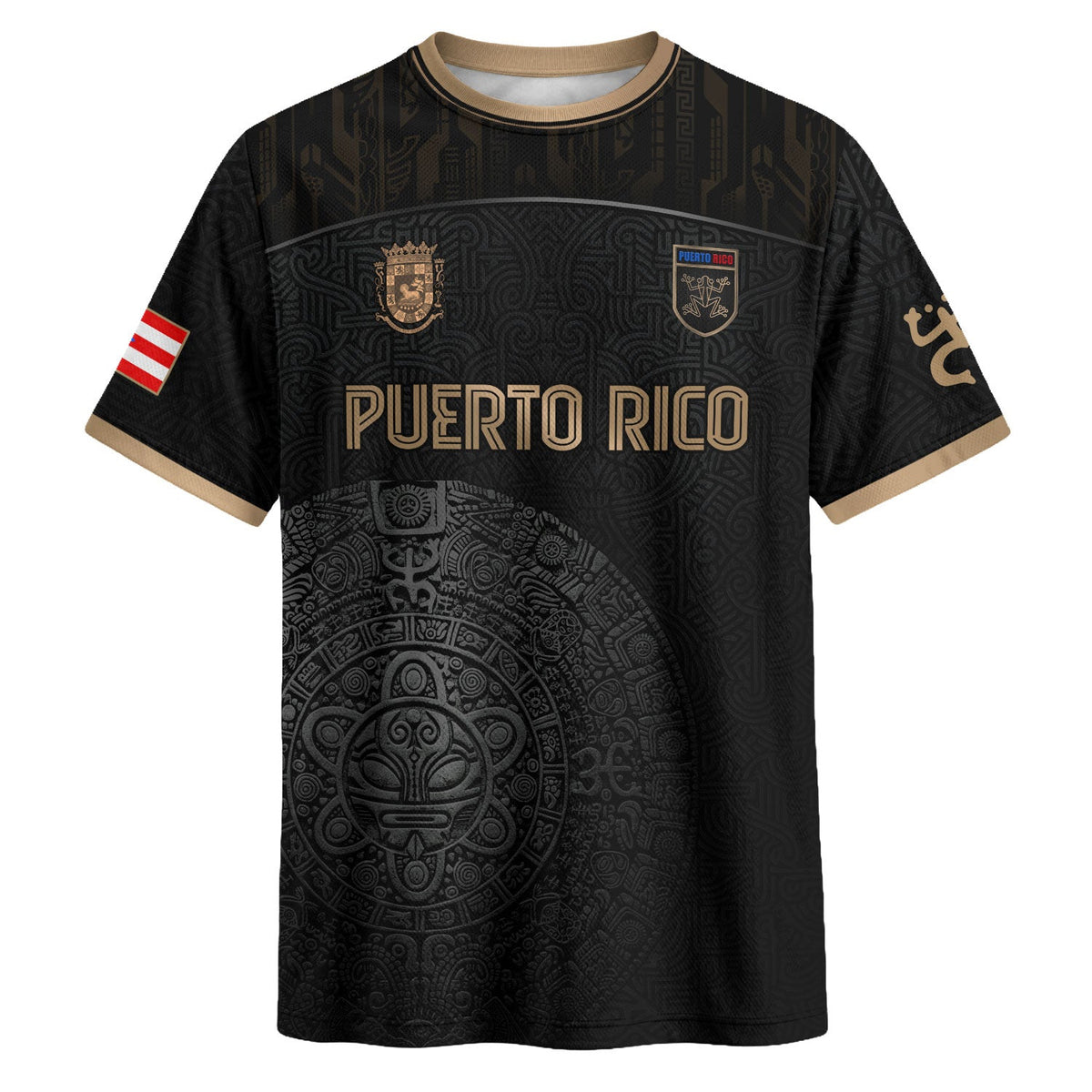 Taino Symbol Black Gold Puerto Rico Soccer Jersey for Men and Women, Art National Heritage, Top Puerto Rico Shirt and Puerto Rico Jersey, Northryn Co.