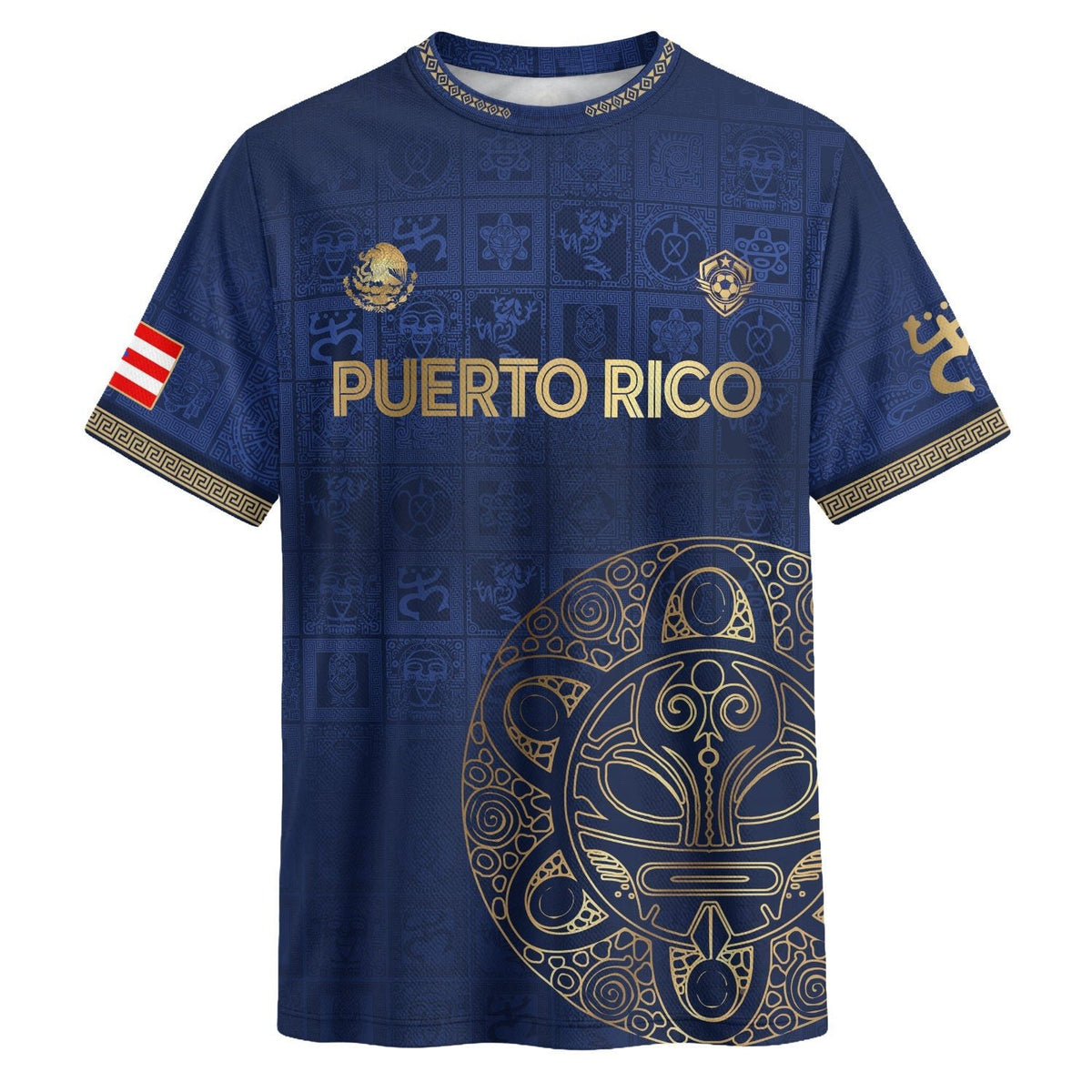 Puerto Rico Soccer Jersey in Navy Gold for Men and Women, Taino Symbol Pattern National Heritage, Puerto Rico Shirt, Puerto Rico Jersey, Northryn Co.