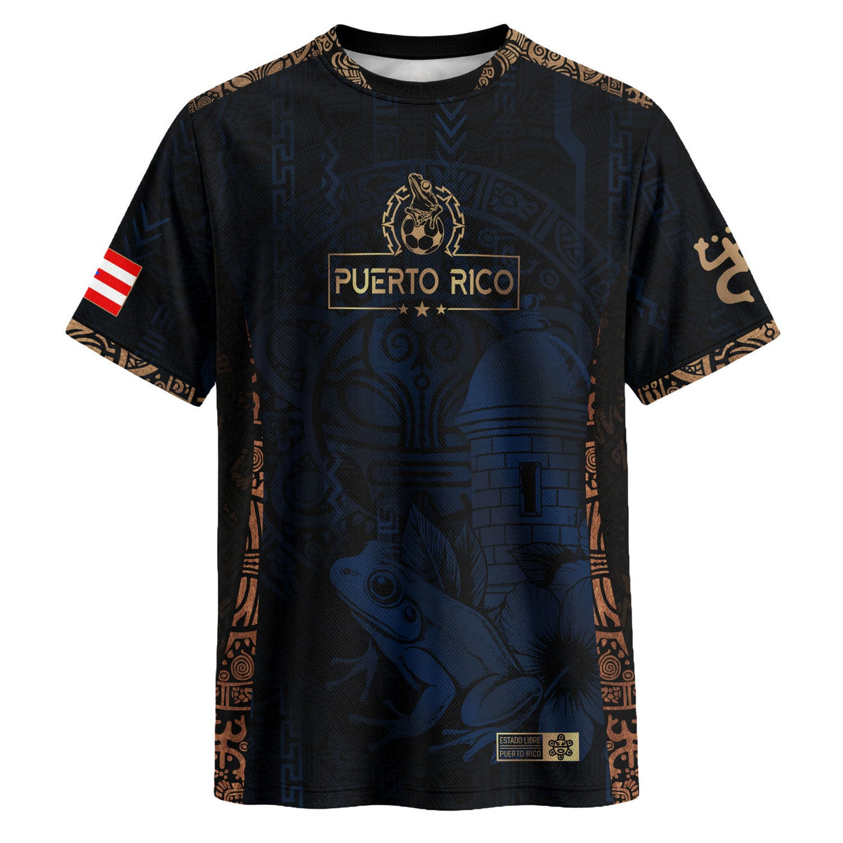Puerto Rico Soccer Jersey in Navy Gold for Men and Women, Taino Sun National Heritage Floral, Puerto Rico Jersey and Puerto Rico Shirt, Northryn Co.