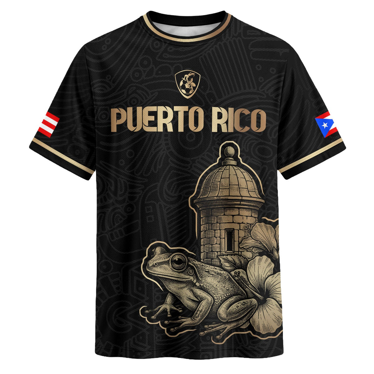 Puerto Rico Soccer Jersey in Black Gold for Men and Women, El Morro Coqui Frog Hibiscus, Top Puerto Rico Jersey and Puerto Rico Shirt, Northryn Co.