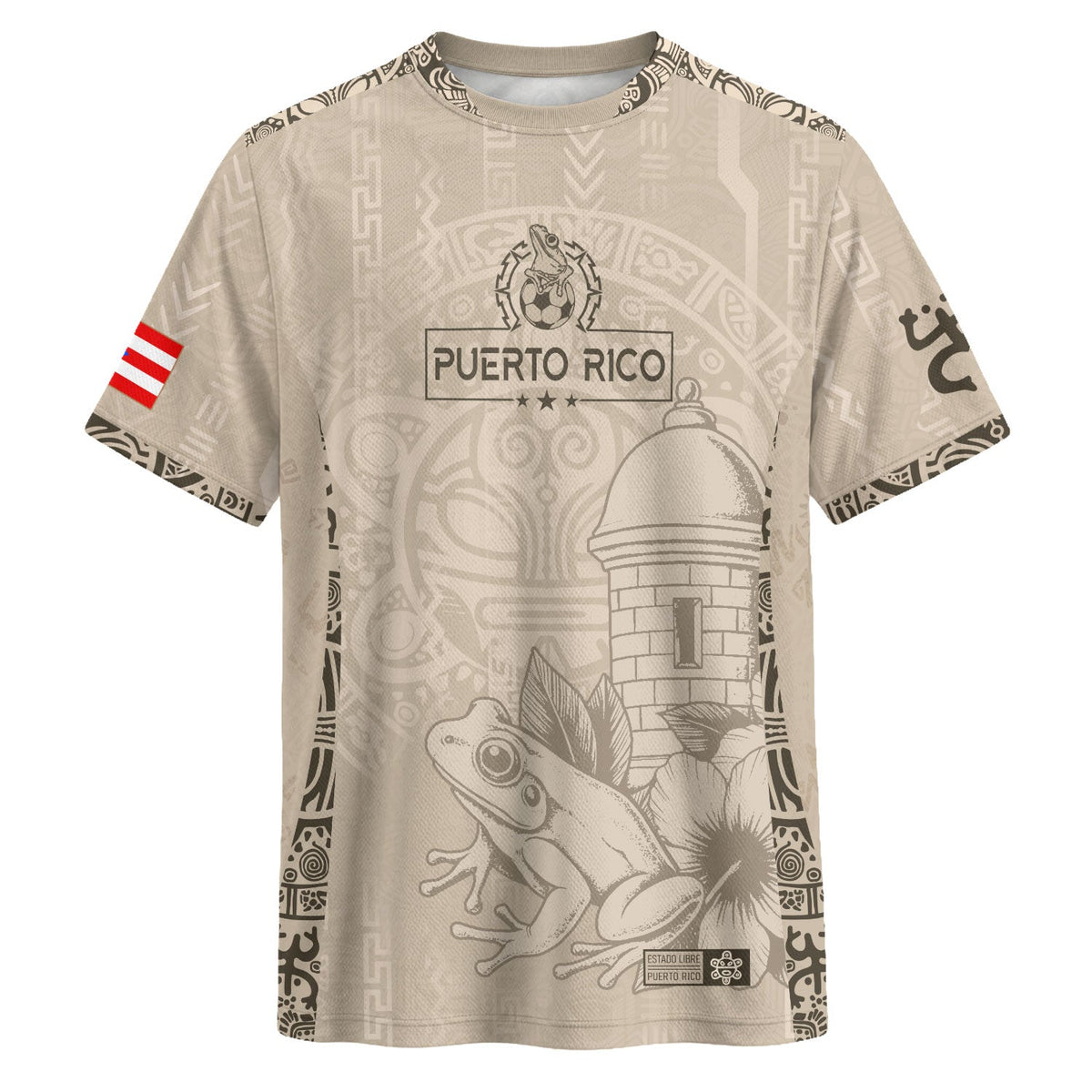 Puerto Rico Soccer Jersey for Men and Women, Beige Gold Coqui Frog Floral Garita Taino Sun, Top Puerto Rico Jersey and Puerto Rico Shirt, Northryn Co.