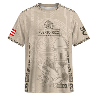 Puerto Rico Soccer Jersey for Men and Women, Beige Gold Coqui Frog Floral Garita Taino Sun, Top Puerto Rico Jersey and Puerto Rico Shirt, Northryn Co.