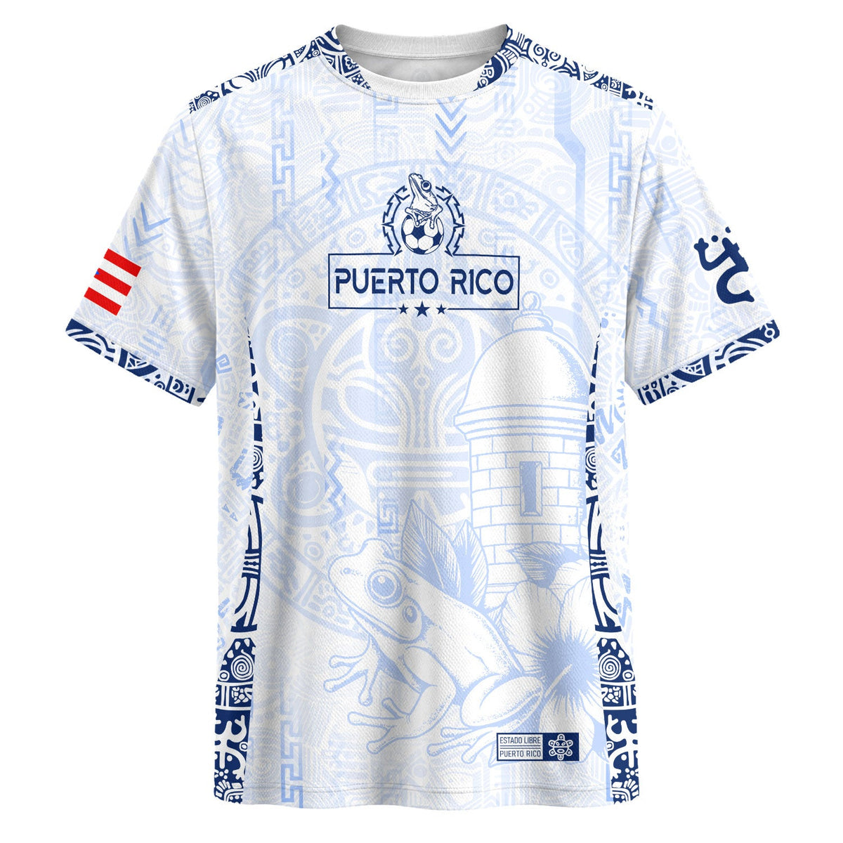 Coqui Frog White Blue Puerto Rico Soccer Jersey for Men and Women, Garita Floral Taino Sun, Top Puerto Rico Jersey and Puerto Rico Shirt, Northryn Co.