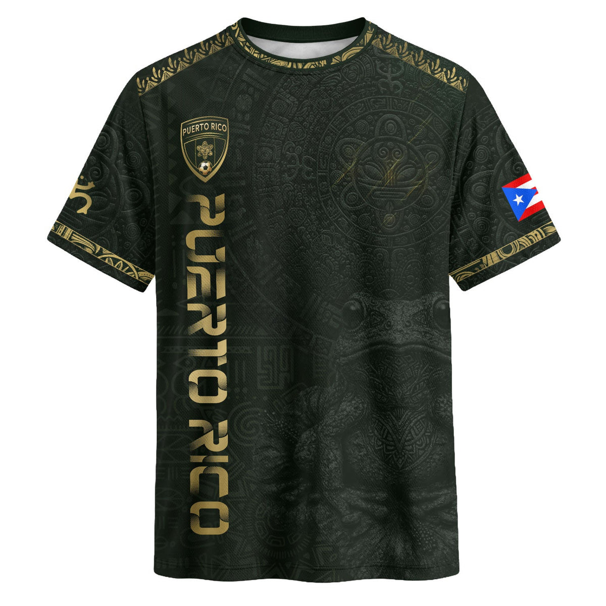 Puerto Rico Soccer Jersey in Green Gold for Men and Women, Coqui Frog Taino Sun Heritage, Top Puerto Rico Shirt and Puerto Rico Jersey, Northryn Co.