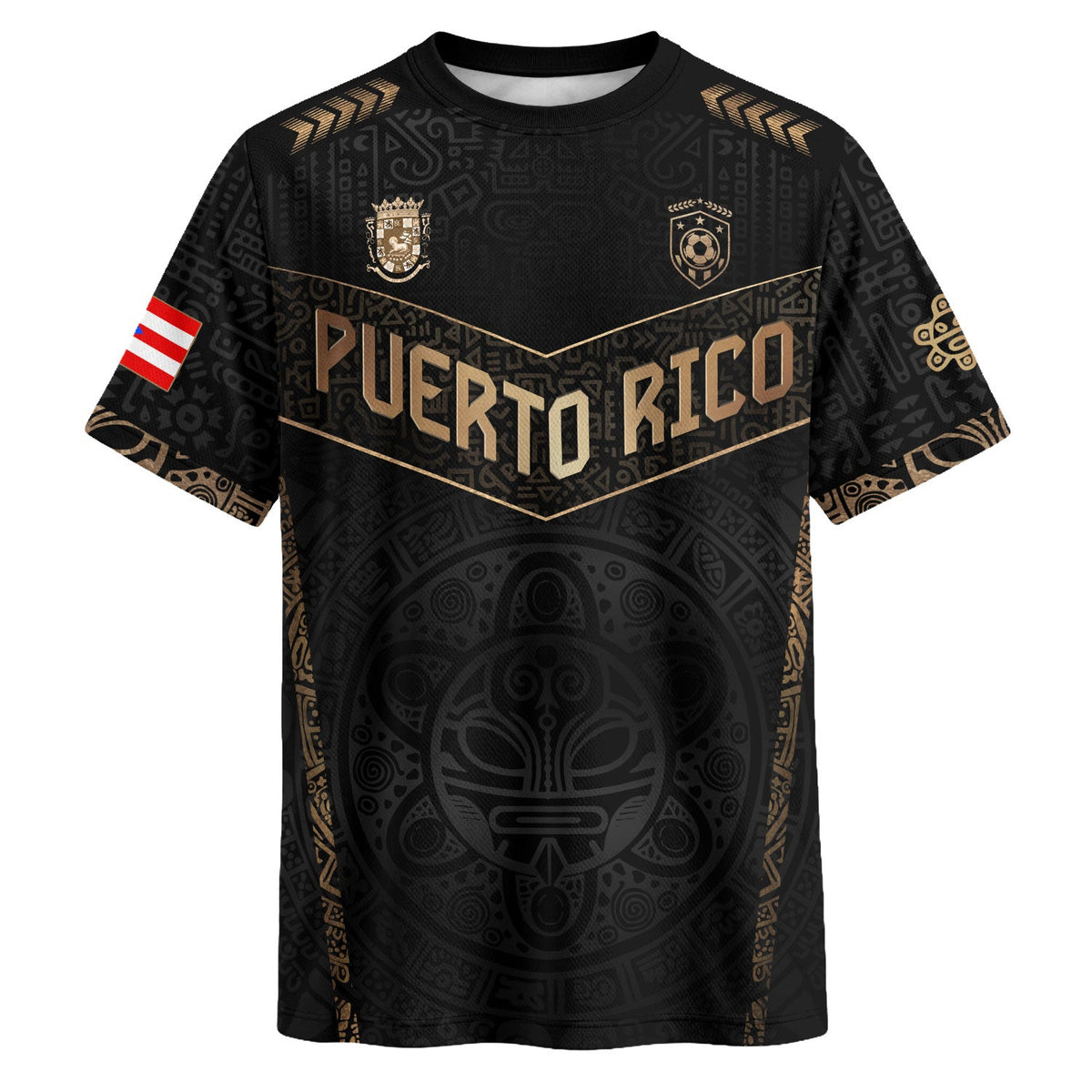 Puerto Rico Soccer Jersey in Black Gold for Men and Women, - Coquí Frog & Taino Sun - V-Shape, Puerto Rico Shirt and Puerto Rico Jersey, Northryn Co.