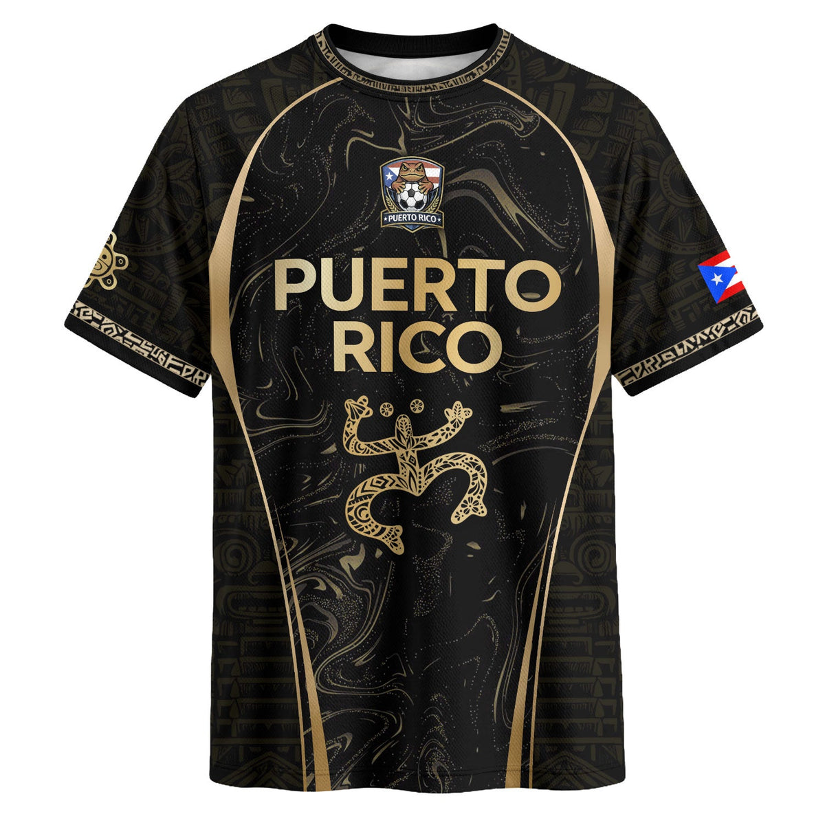 Heritage Black Gold Puerto Rico Soccer Jersey for Men and Women, Coqui Taino Marble Pattern, Puerto Rico Shirt and Puerto Rico Jersey, Northryn Co.