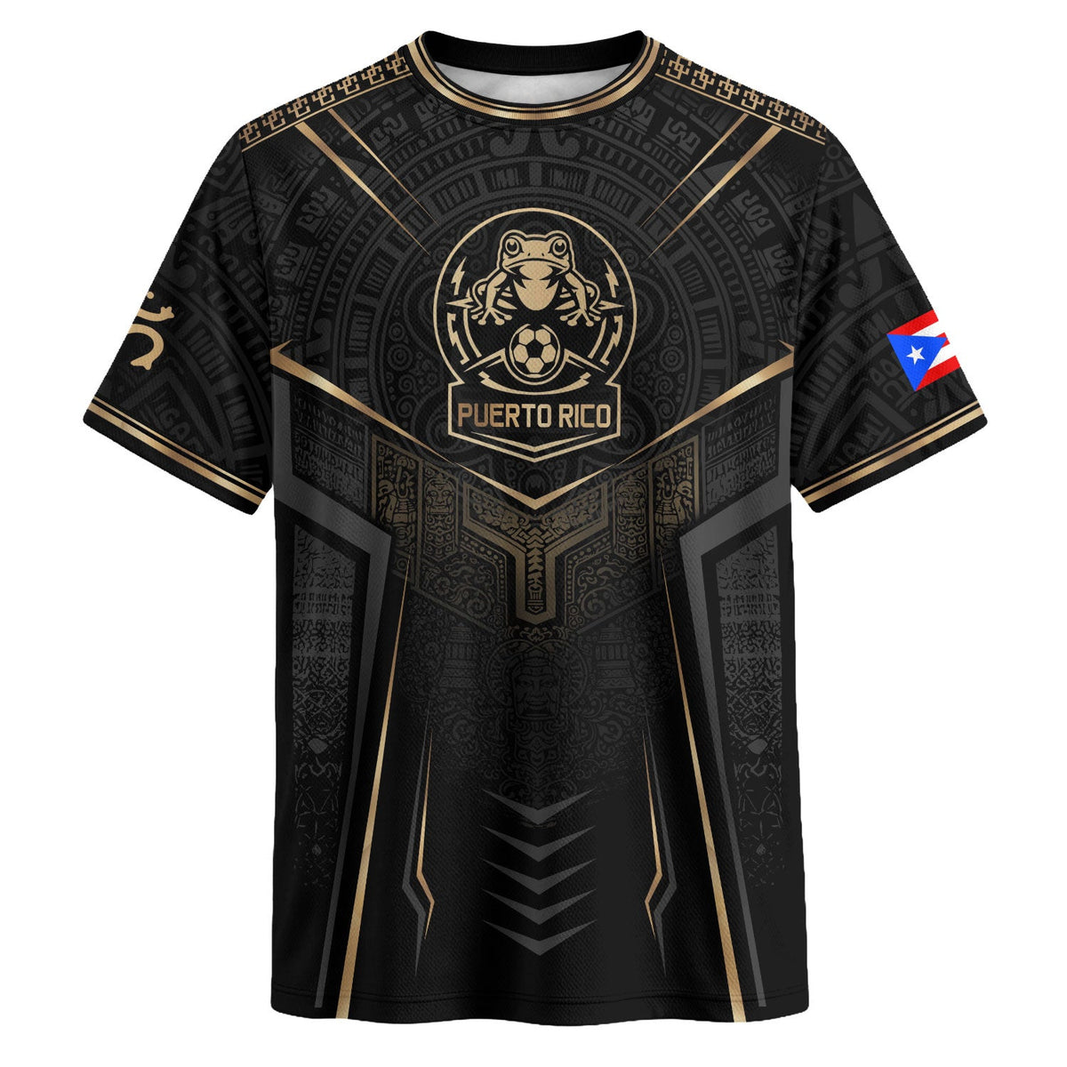Taino Sun Black Gold Puerto Rico Soccer Jersey for Men and Women, Coquí Frog Crest - Tribal, Puerto Rico Shirt and Puerto Rico Jersey, Northryn Co.