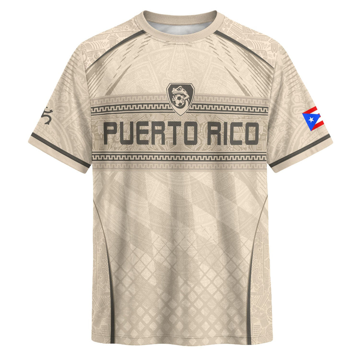 Puerto Rico Soccer Jersey for Men and Women, Beige Coqui Frog & Taino Tribal Pattern Art, Top Puerto Rico Jersey and Puerto Rico Shirt, Northryn Co.