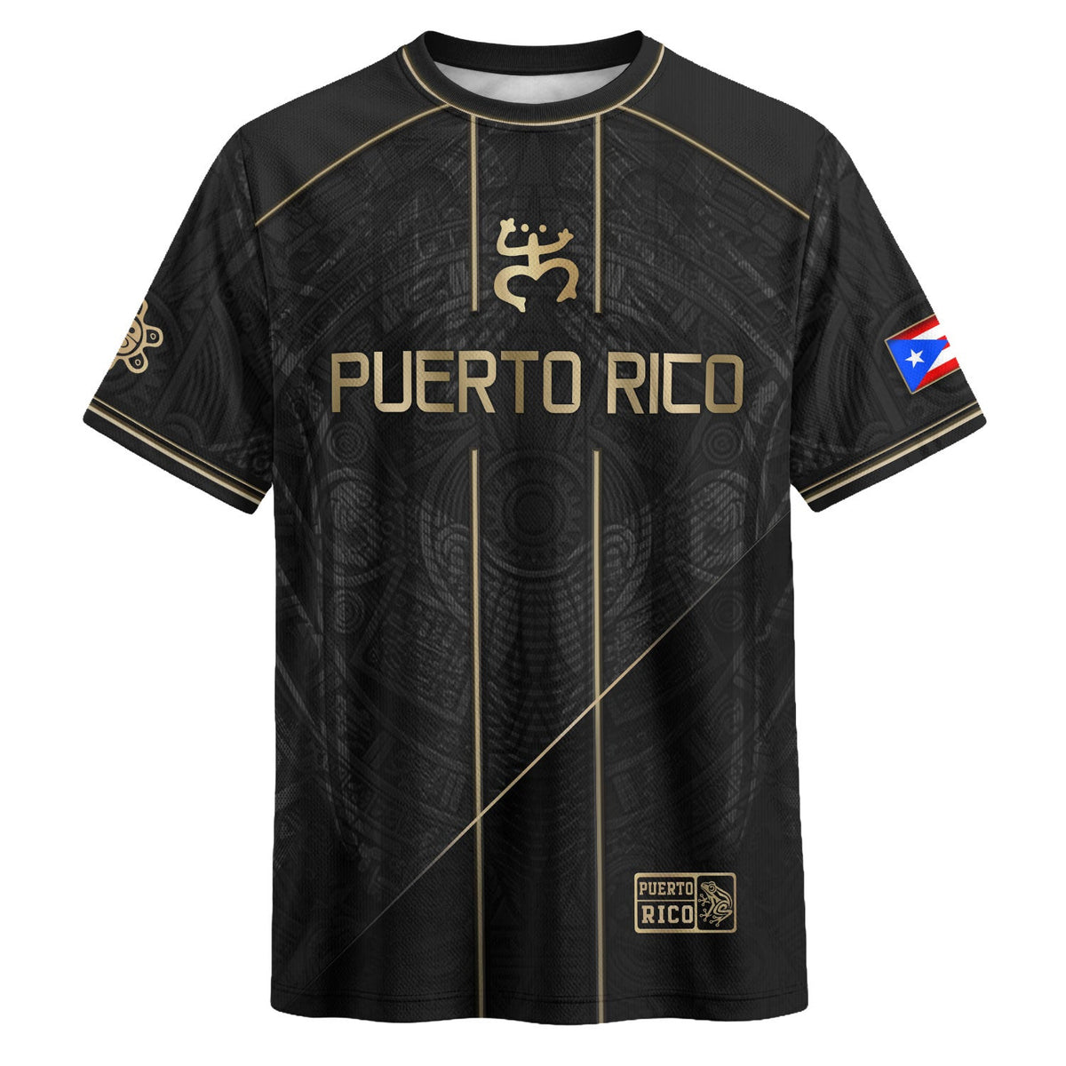 Puerto Rico Soccer Jersey with Taino Coquí for Men and Women, Black Gold Flag, Standout Puerto Rico Shirt with Puerto Rico Jersey Pride, Northryn Co.