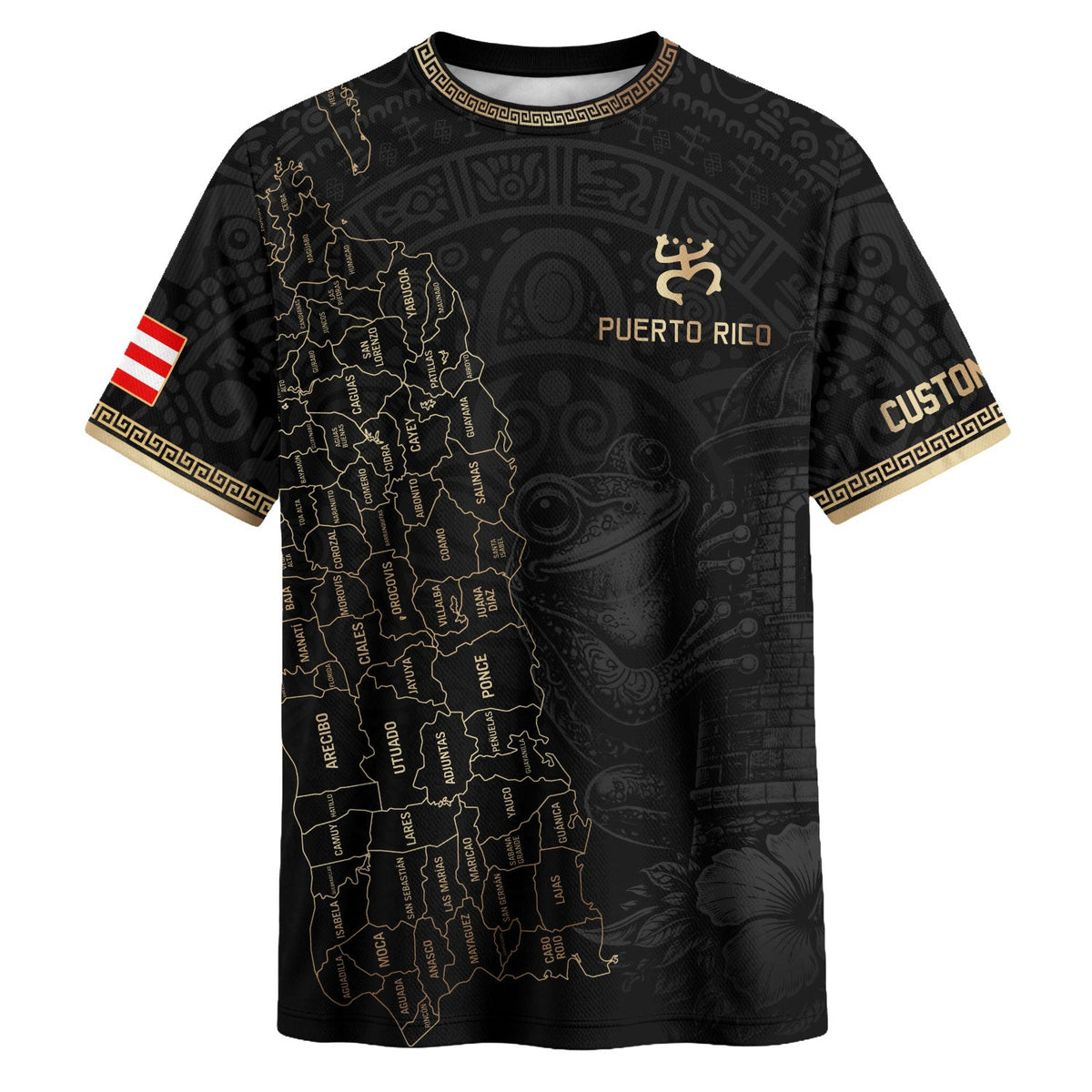 Custom Puerto Rico Soccer Jersey, Black Gold Towns Map Coqui Frog, Puerto Rico Shirt for Men and Women as a Personalized Football Jersey, Northryn Co.