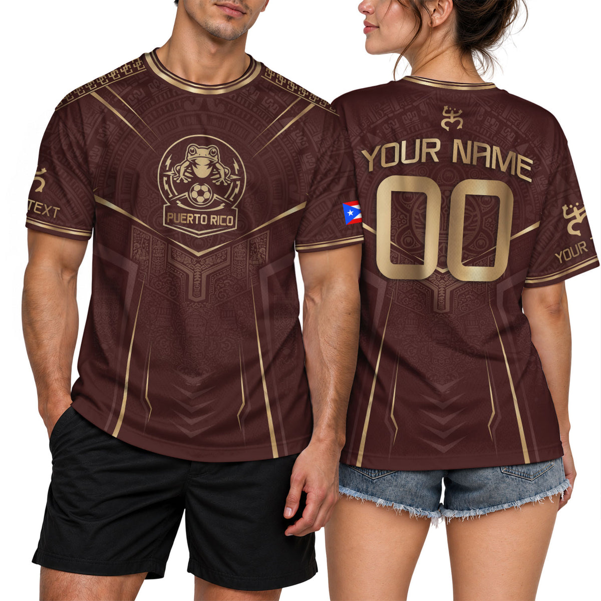 Custom Coqui Frog Maroon Brown Puerto Rico Soccer Jersey for Men and Women, Taino Pattern Heritage, Puerto Rico Shirt and Puerto Rico Jersey, Northryn Co.