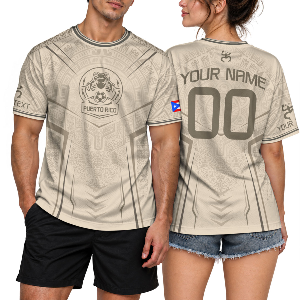 Custom Puerto Rico Soccer Jersey in Beige Taino for Men and Women, Coqui Frog Heritage Patriotic Graphic, Puerto Rico Shirt, Puerto Rico Jersey, Northryn Co.