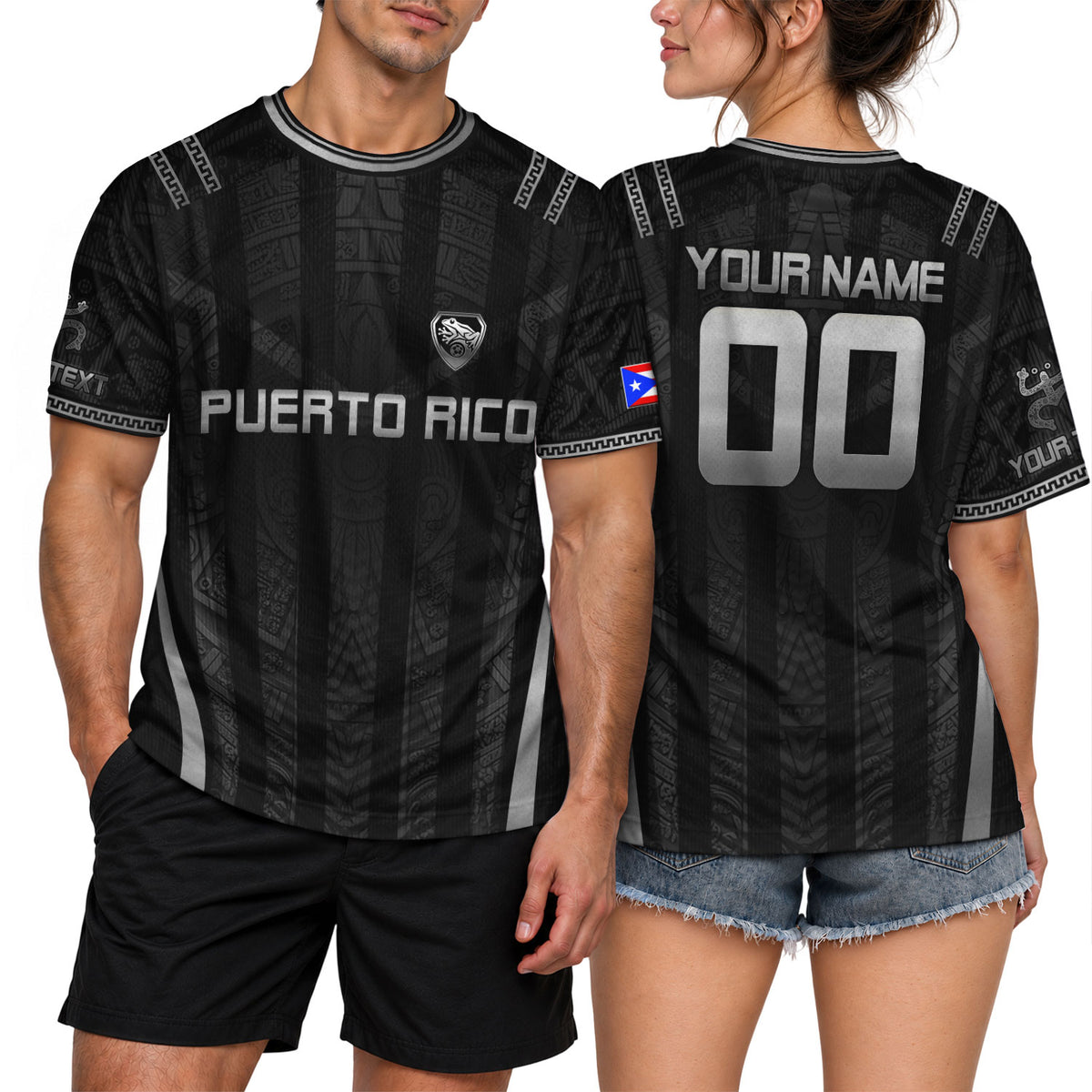 Custom Puerto Rico Soccer Jersey in Black Tribal for Men and Women, Taino Pattern Coqui Frog Graphic, Puerto Rico Shirt and Puerto Rico Jersey, Northryn Co.
