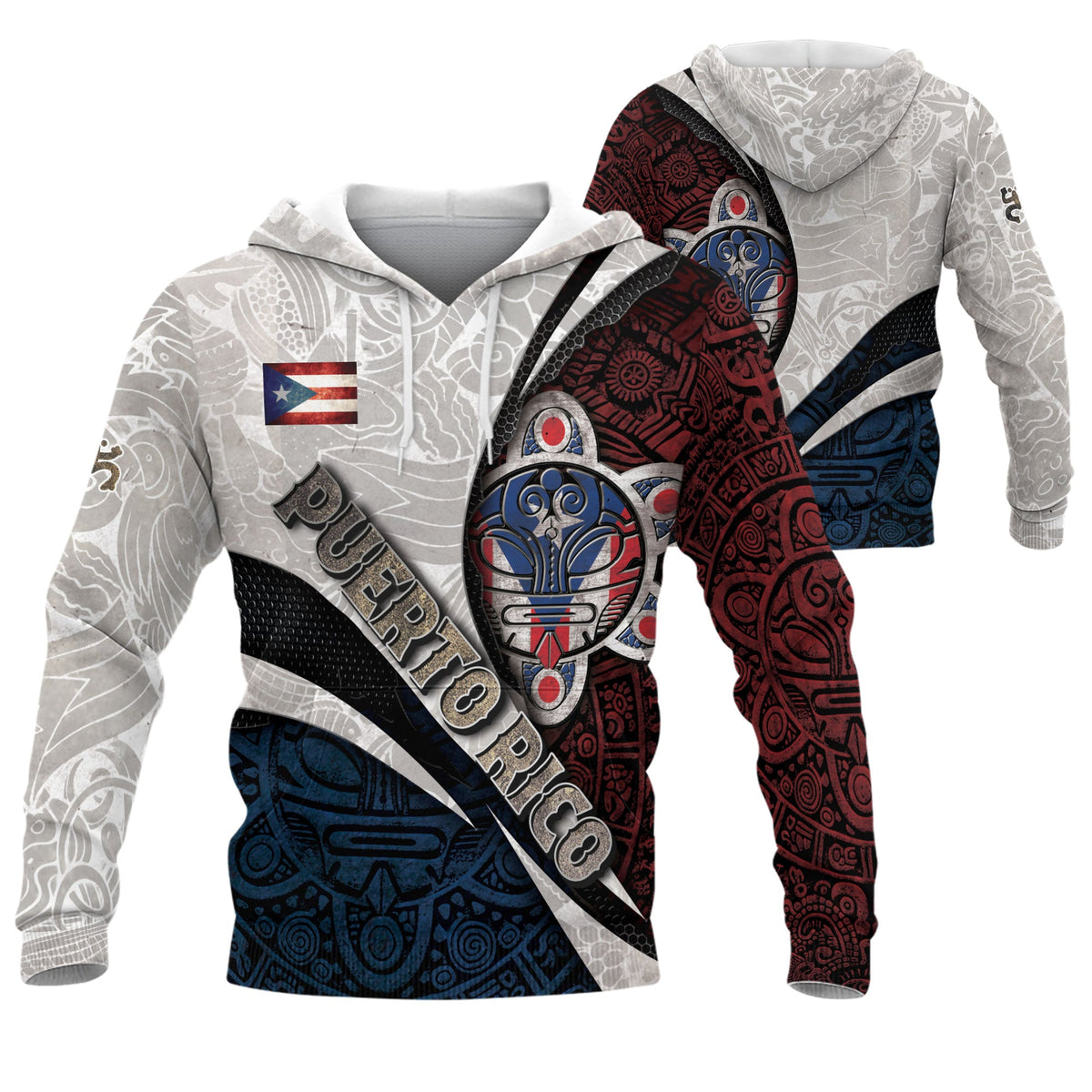 Boricua Taino White Red Puerto Rico Hoodies, Sun Mask Tribal National Blue Pride, All Over Print Hoodies with Bold 3D Hoodies Style, Northryn Co.