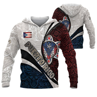 Boricua Taino White Red Puerto Rico Hoodies, Sun Mask Tribal National Blue Pride, All Over Print Hoodies with Bold 3D Hoodies Style, Northryn Co.