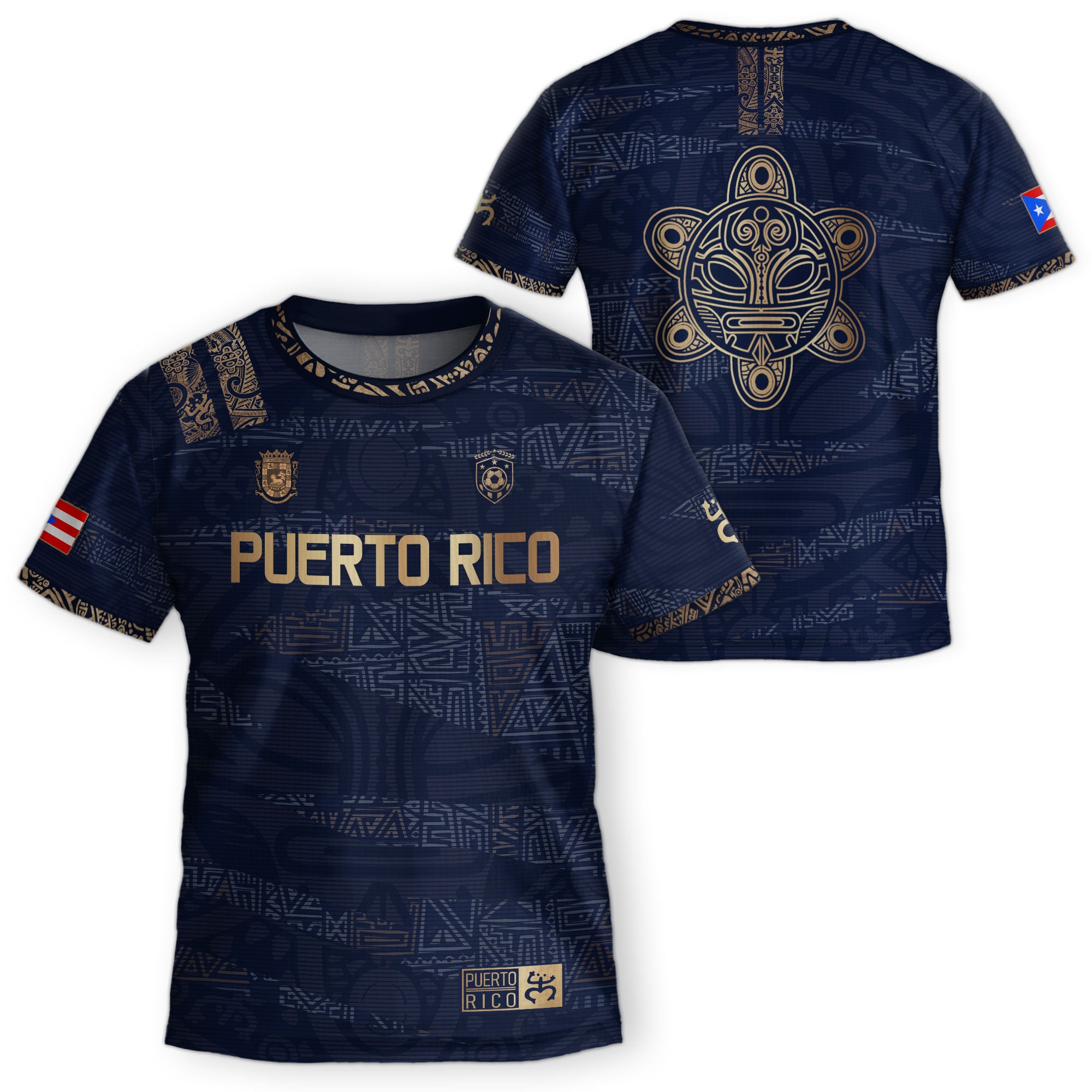Camiseta de fútbol boricua de herencia nacional con diseño tribal taíno dorado azul marino para niños y jóvenes de Puerto Rico