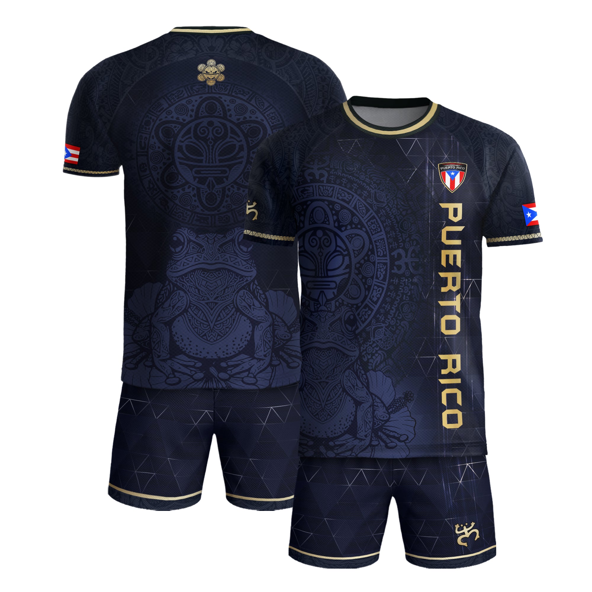 Puerto Rico Navy Gold Coqui Frog Floral Taino Sun National Heritage Soccer Jersey