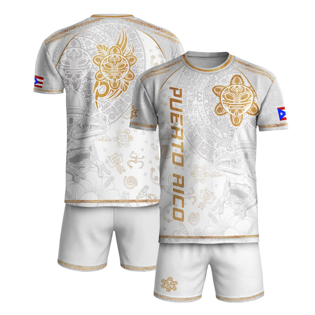 Camiseta de fútbol de la herencia nacional del sol taíno de Puerto Rico, rana coquí dorada blanca