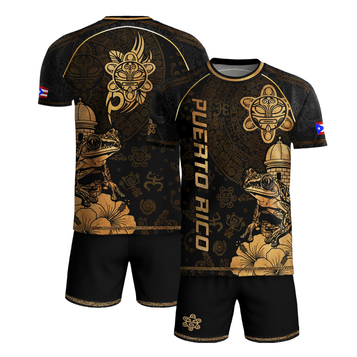 Puerto Rico Black Gold Coqui Frog Garita Flower National Heritage Boricua Soccer Jersey