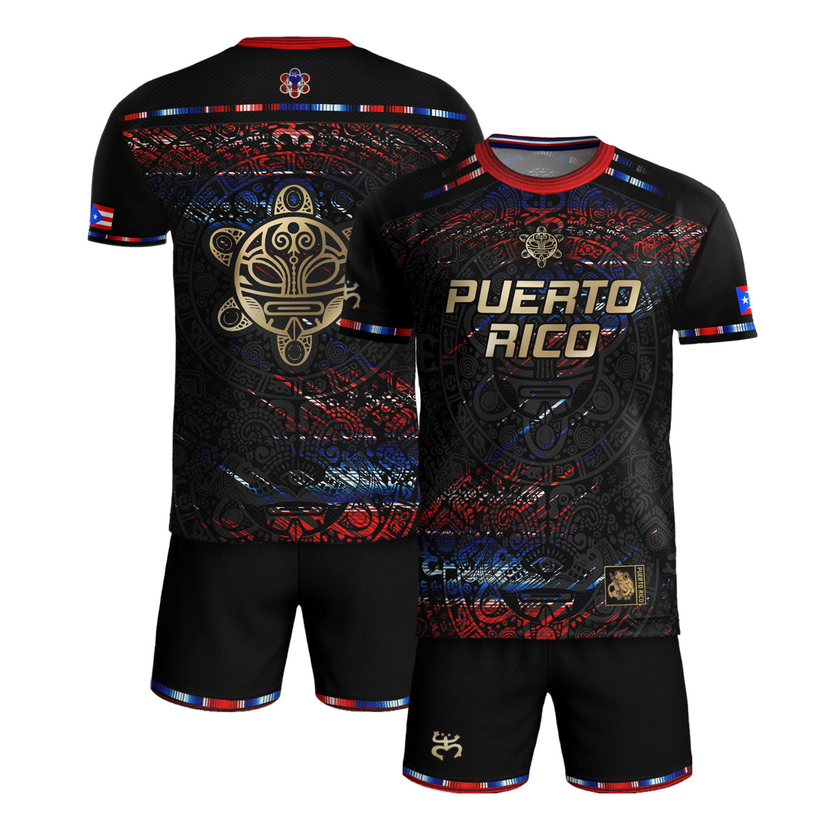 Camiseta de fútbol deportiva de la herencia nacional del Sol Taino, color negro, rojo y azul abstracto de Puerto Rico
