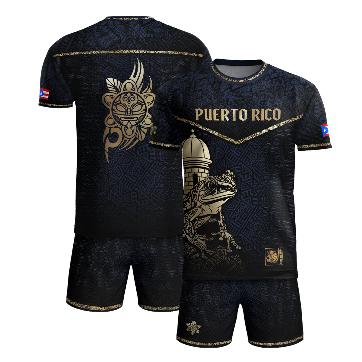 Puerto Rico Navy Gold Coqui Frog Garita Taino Sun National Heritage Camiseta de fútbol