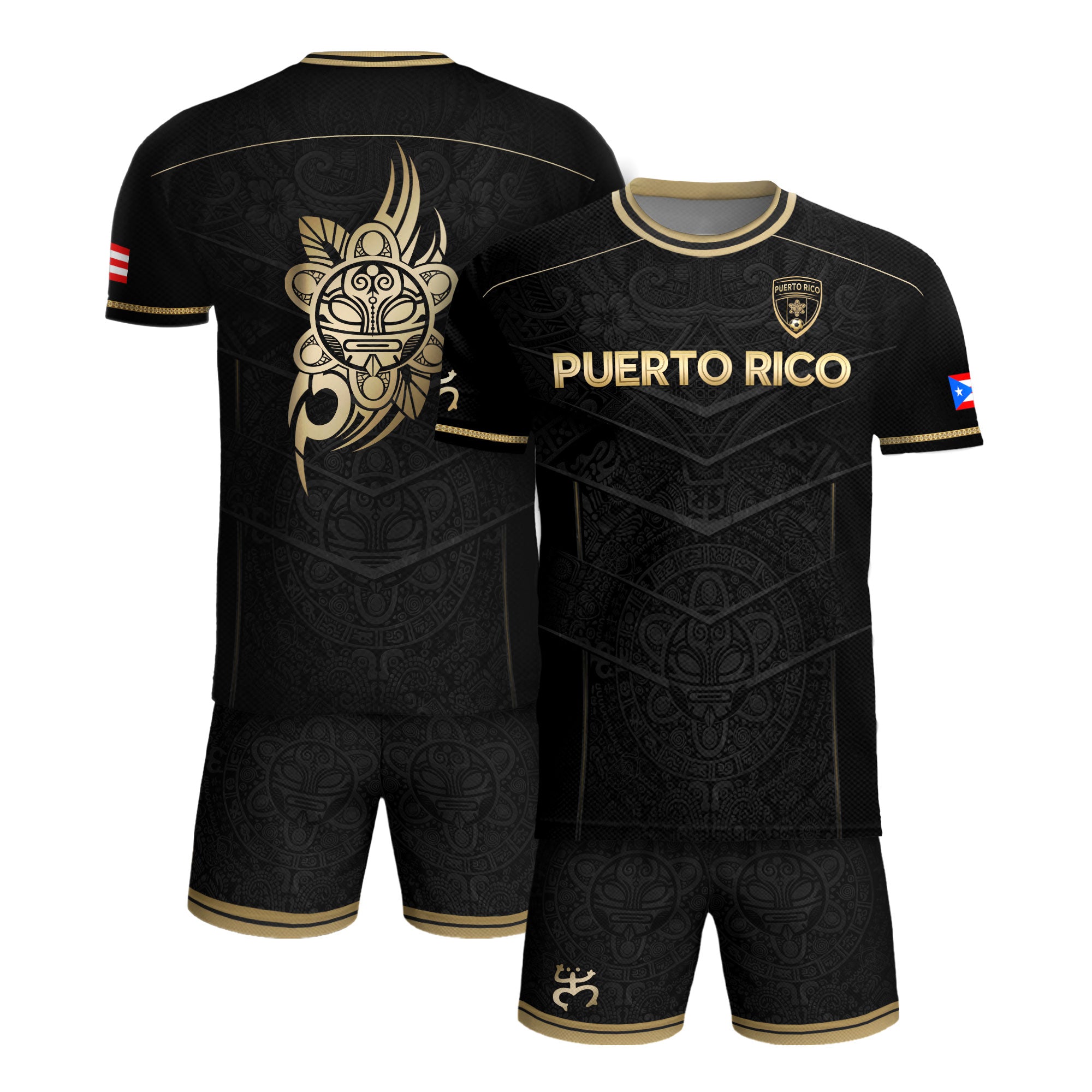 Puerto Rico Soccer Jersey - Black Gold Design with Lion Symbol & Puerto Rico Flag