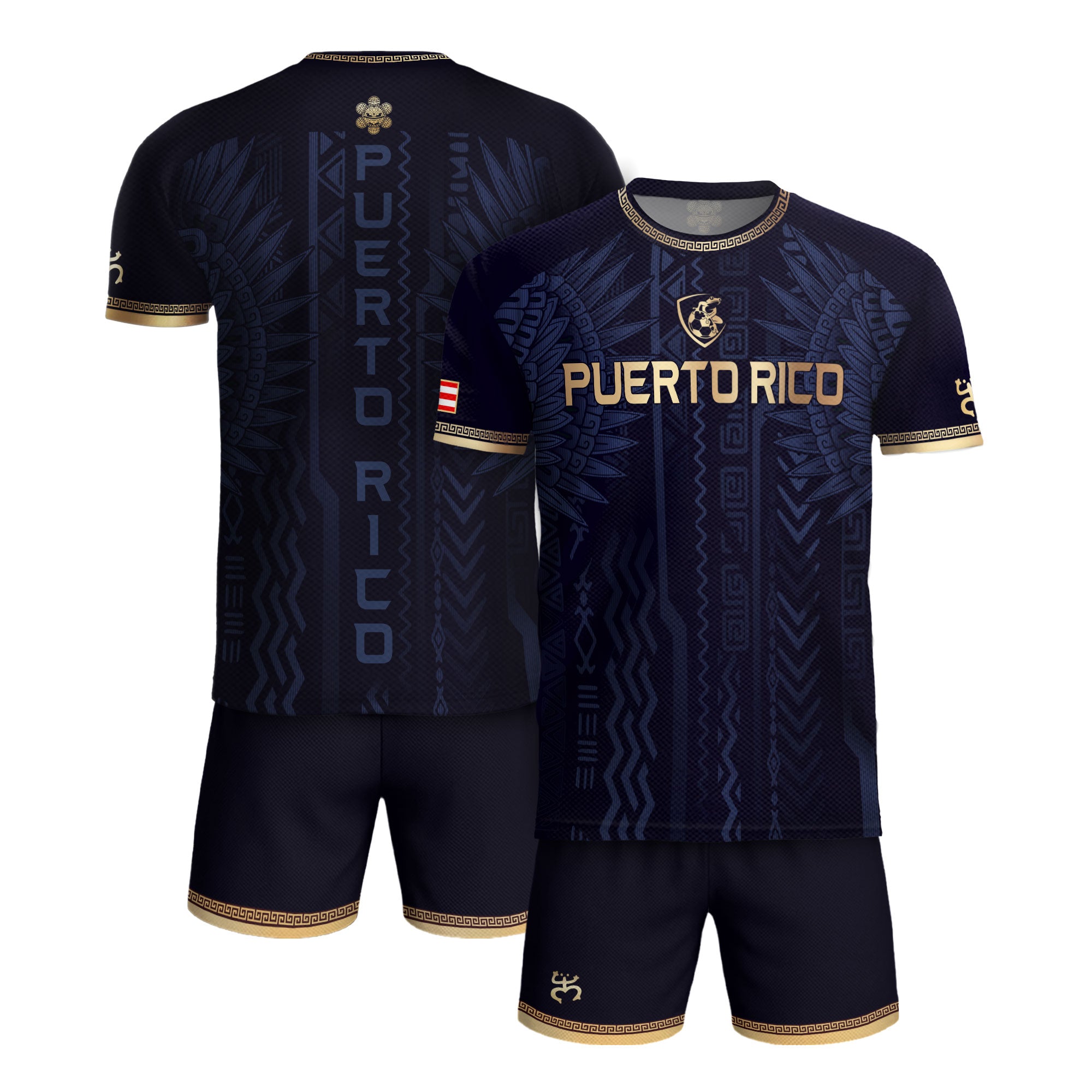 Camiseta de fútbol con máscara taína boricua azul marino de Puerto Rico, bandera tribal, orgullo nacional