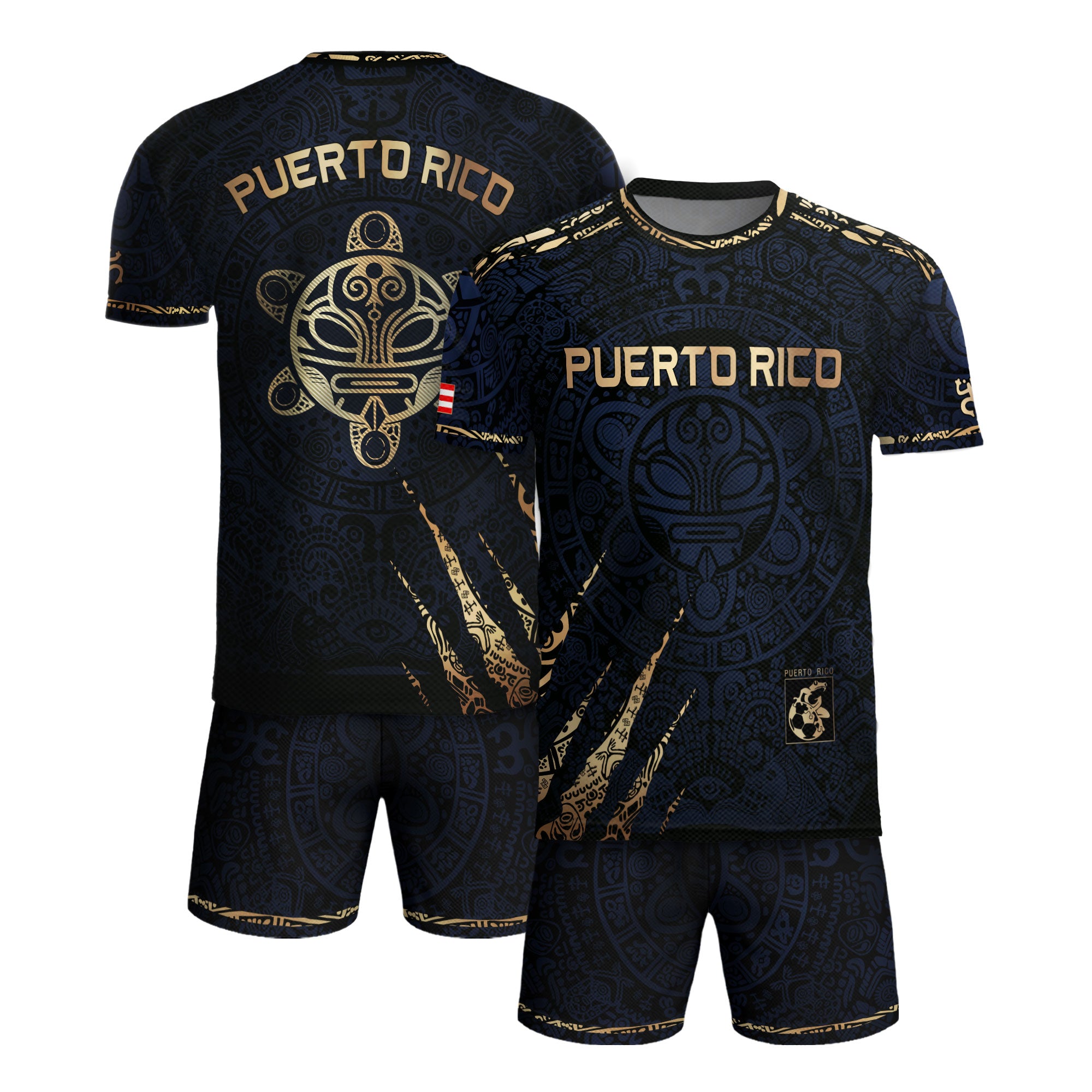 Camiseta de fútbol con máscara taína boricua azul marino de Puerto Rico, bandera tribal, orgullo nacional
