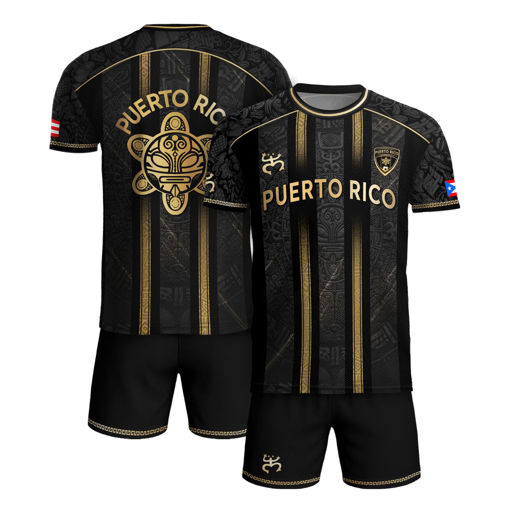 Puerto Rico Soccer Jersey - Black Vertical Stripe Taino Sun Heritage Football Shirt