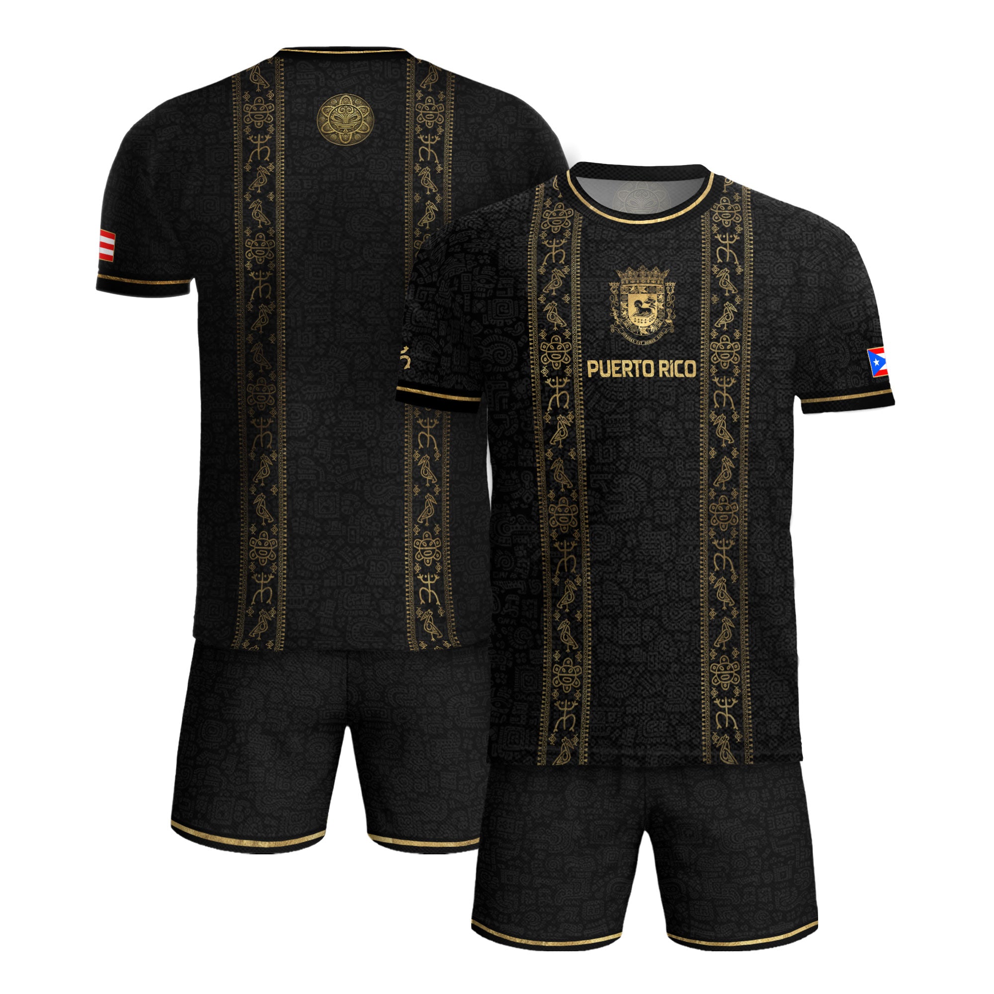 Puerto Rico Soccer Jersey - Coat of Arms & Taino Petroglyphs Black Heritage Shirt