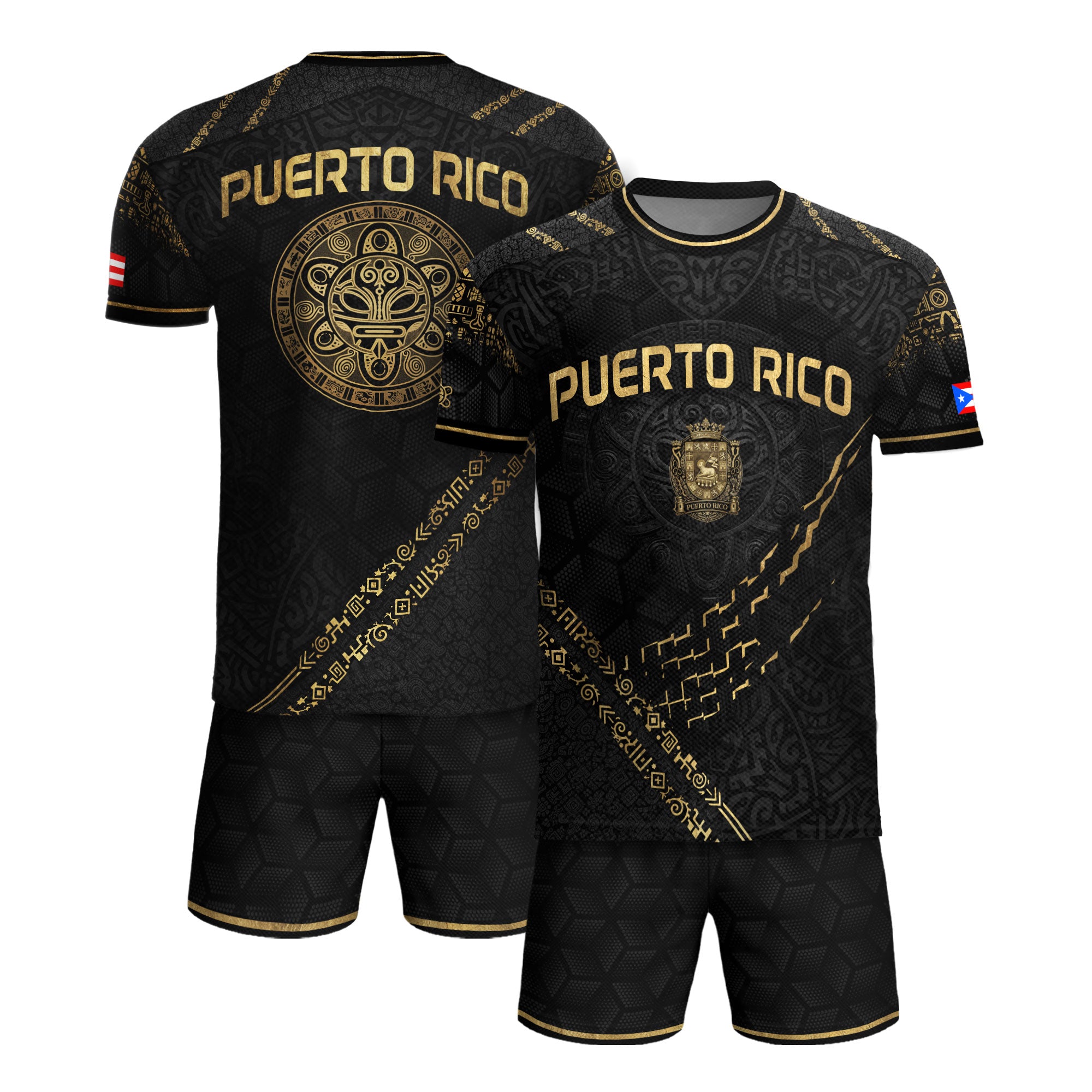 Puerto Rico Soccer Jersey - Elite Black Gold Taino Sun & Shield Heritage Jersey