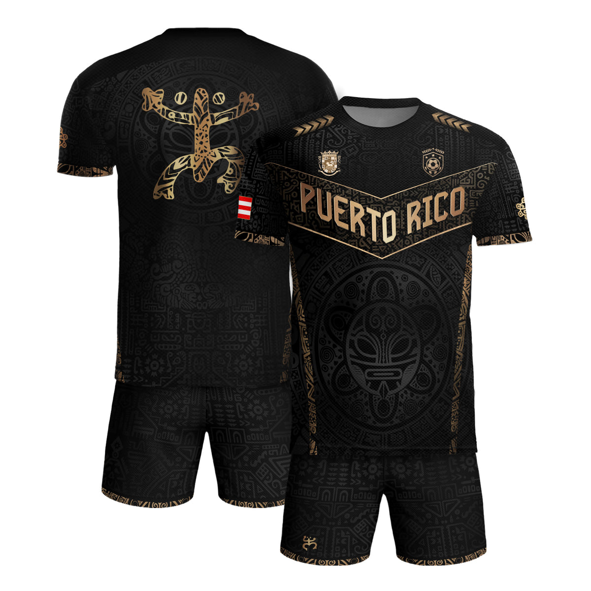 Puerto Rico Soccer Jersey Black Gold - Coquí Frog & Taino Sun - V-Shape Tribal Shirt