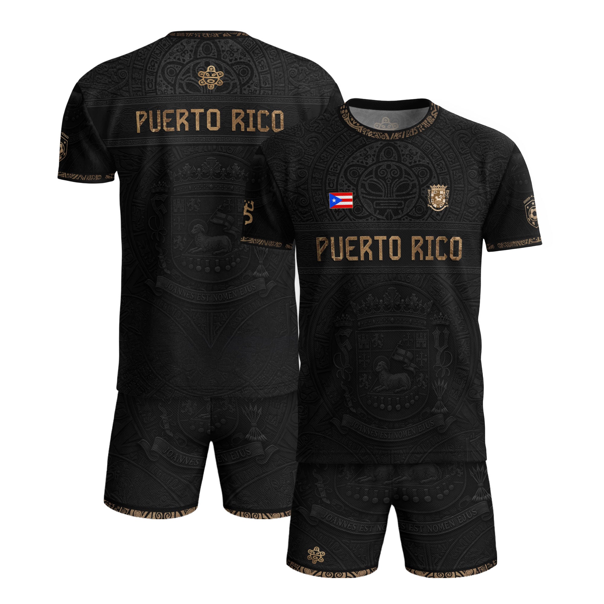 Black Gold Puerto Rico Soccer Jersey Taino Sun & Coat of Arms Football Shirt