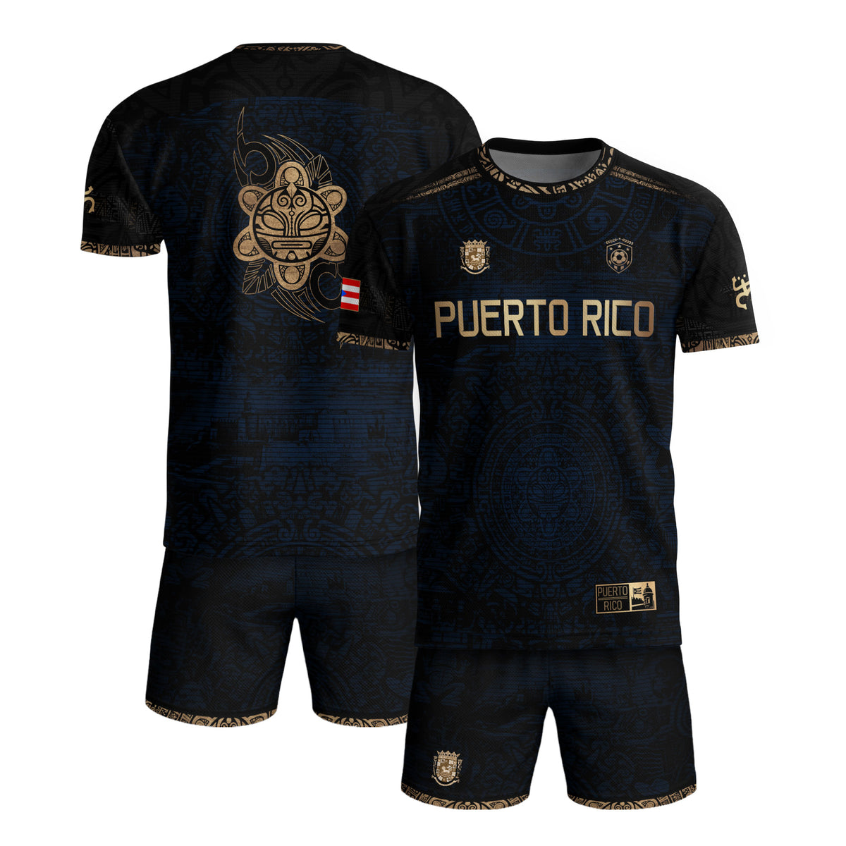 Puerto Rico Soccer Jersey Navy Gold - Taino Sun Calendar Design - Boricua Football Shirt